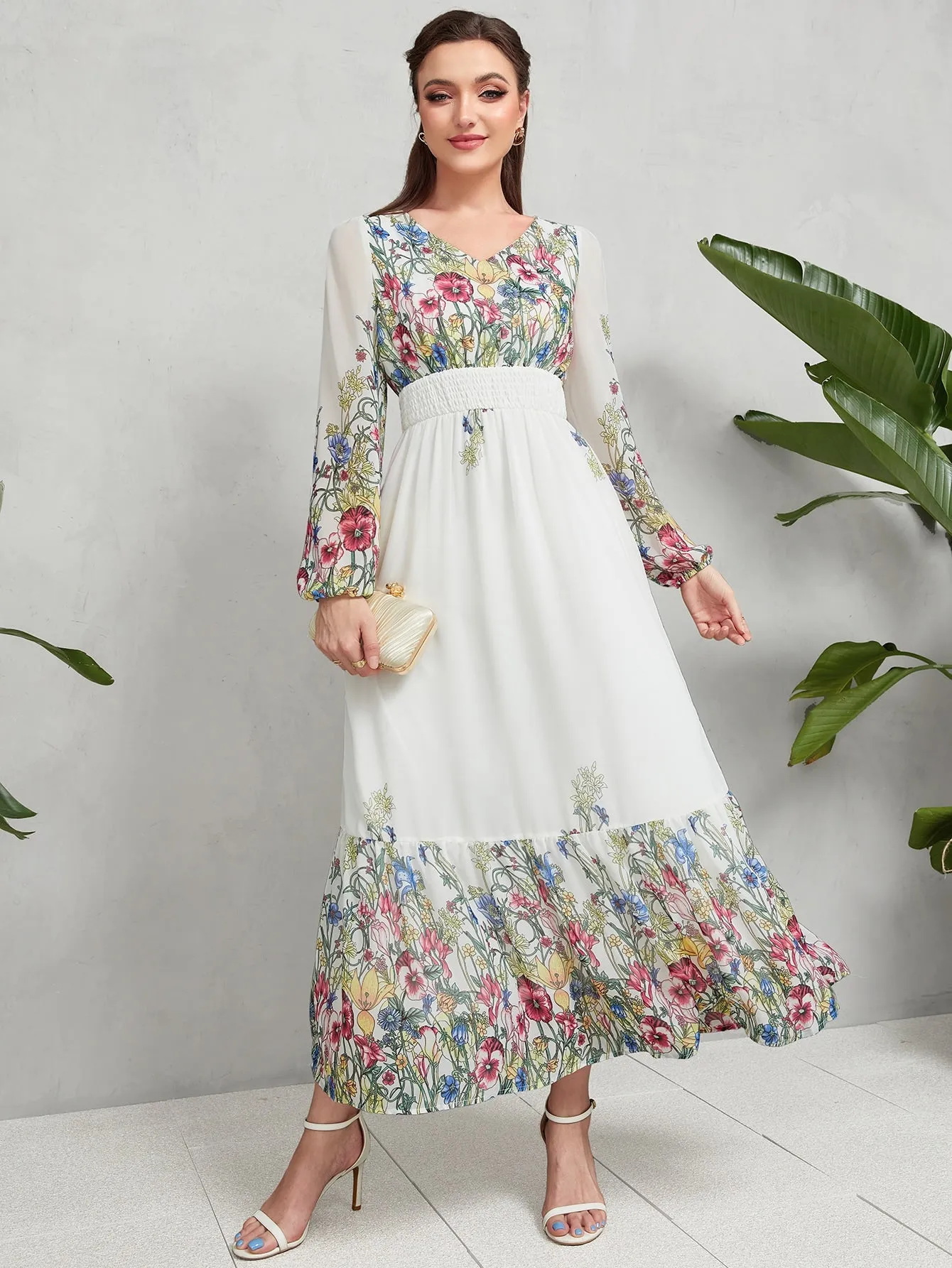 Floral Print Lantern Sleeve Shirred Waist Ruffle Hem Chiffon Dress