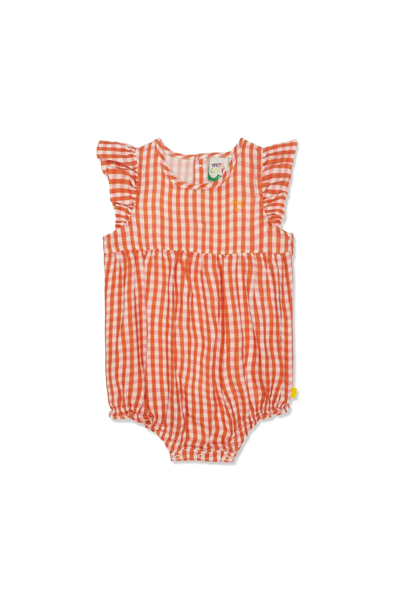 Gingham Flutter Baby Linen Romper Natural / Misty Rose