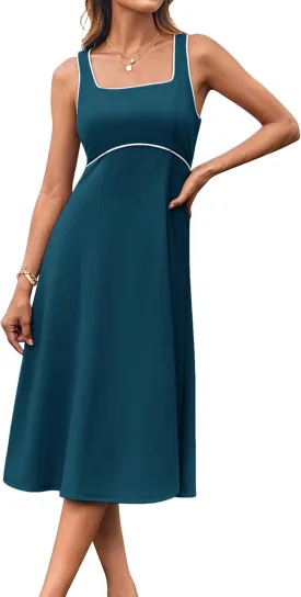 GRACE KARIN Womens 2025 Summer Midi Dresses Casual Sleeveless Square Neck A Line Tank Top Dress Flowy Trendy Work Dress