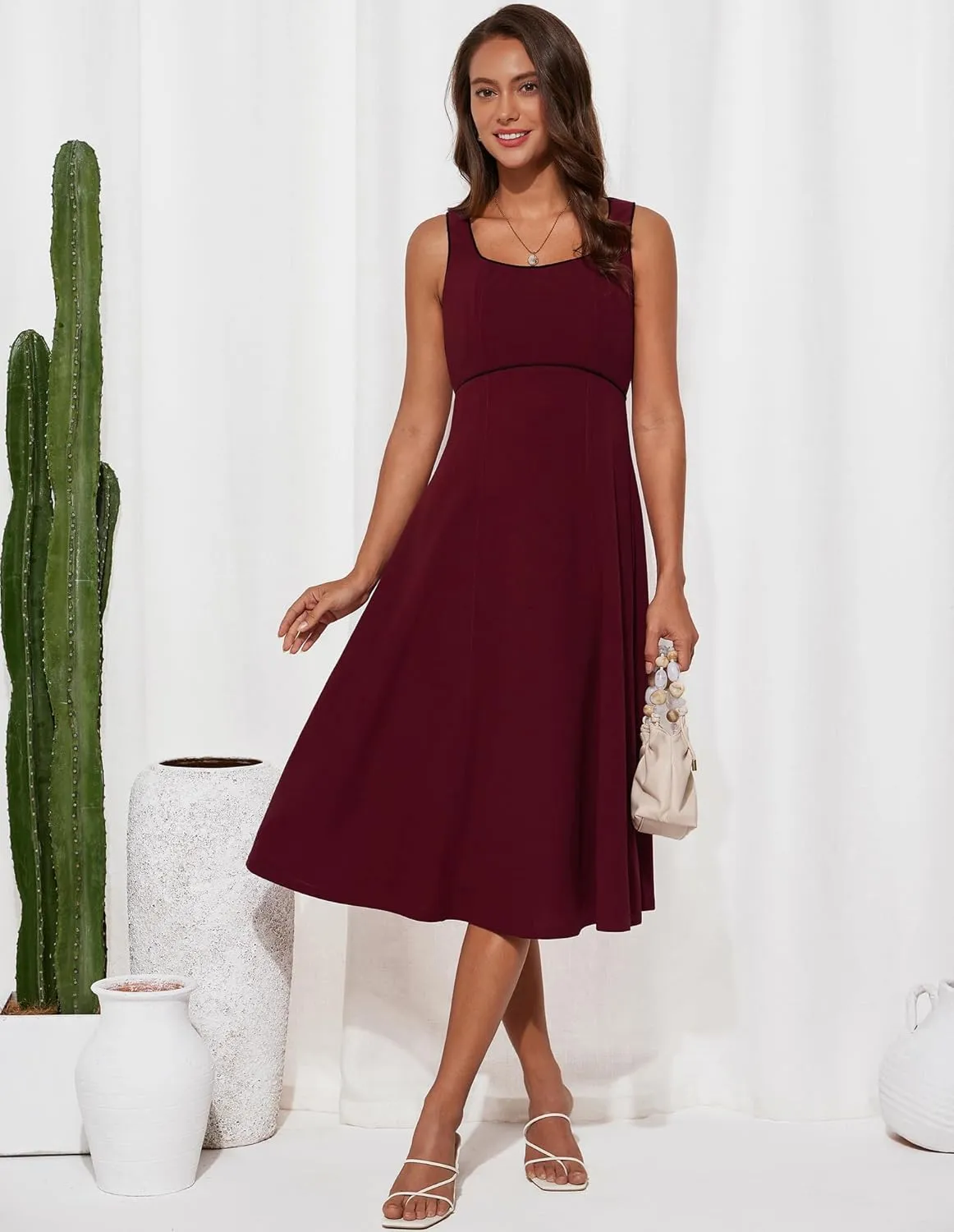 GRACE KARIN Womens 2025 Summer Midi Dresses Casual Sleeveless Square Neck A Line Tank Top Dress Flowy Trendy Work Dress