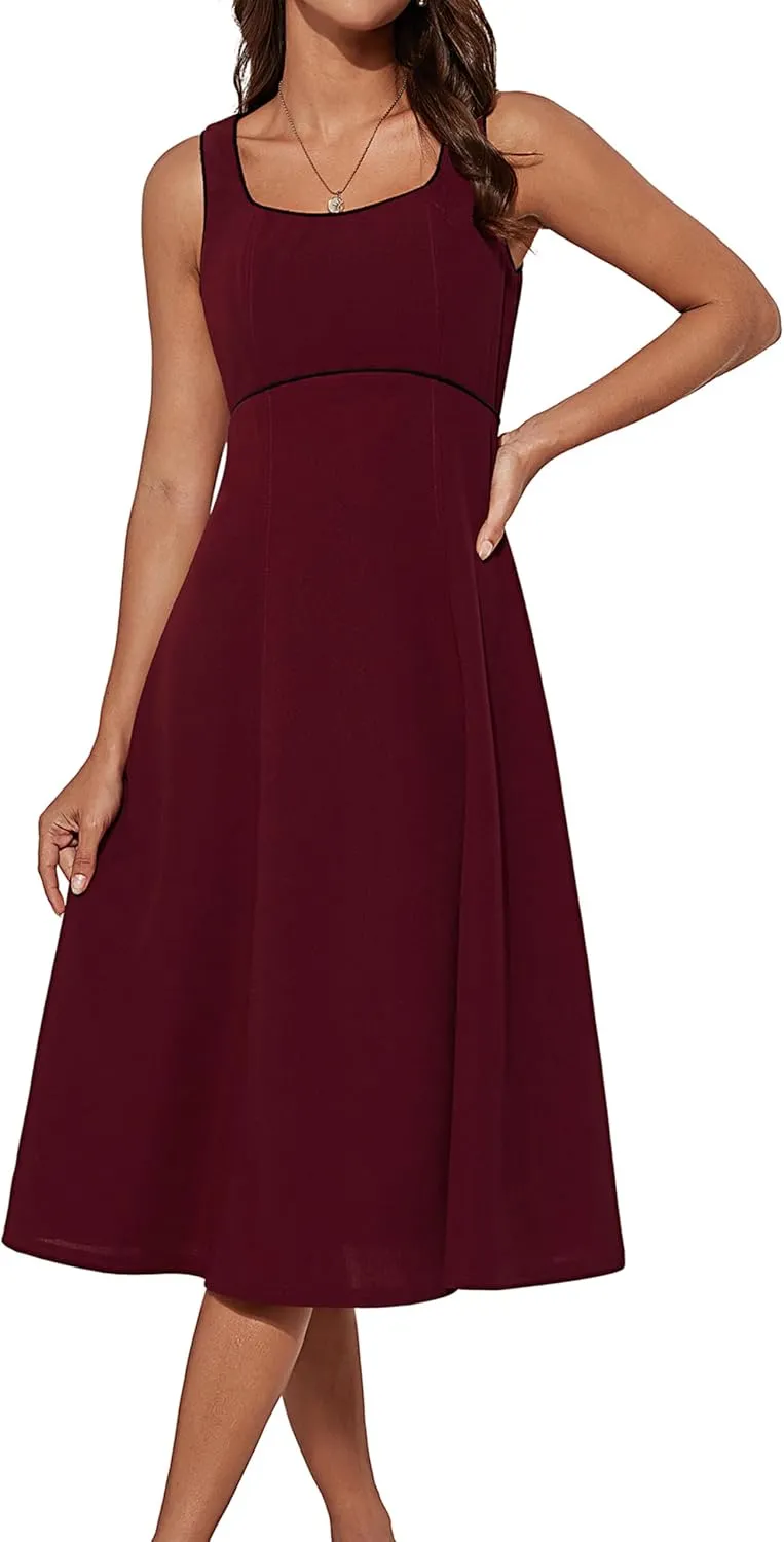 GRACE KARIN Womens 2025 Summer Midi Dresses Casual Sleeveless Square Neck A Line Tank Top Dress Flowy Trendy Work Dress