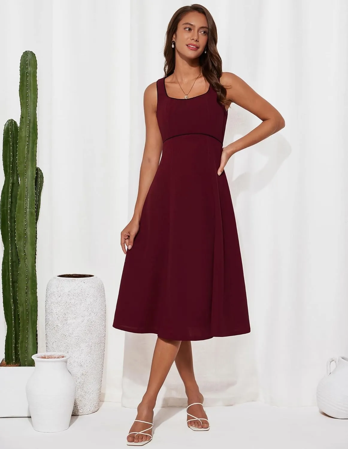 GRACE KARIN Womens 2025 Summer Midi Dresses Casual Sleeveless Square Neck A Line Tank Top Dress Flowy Trendy Work Dress