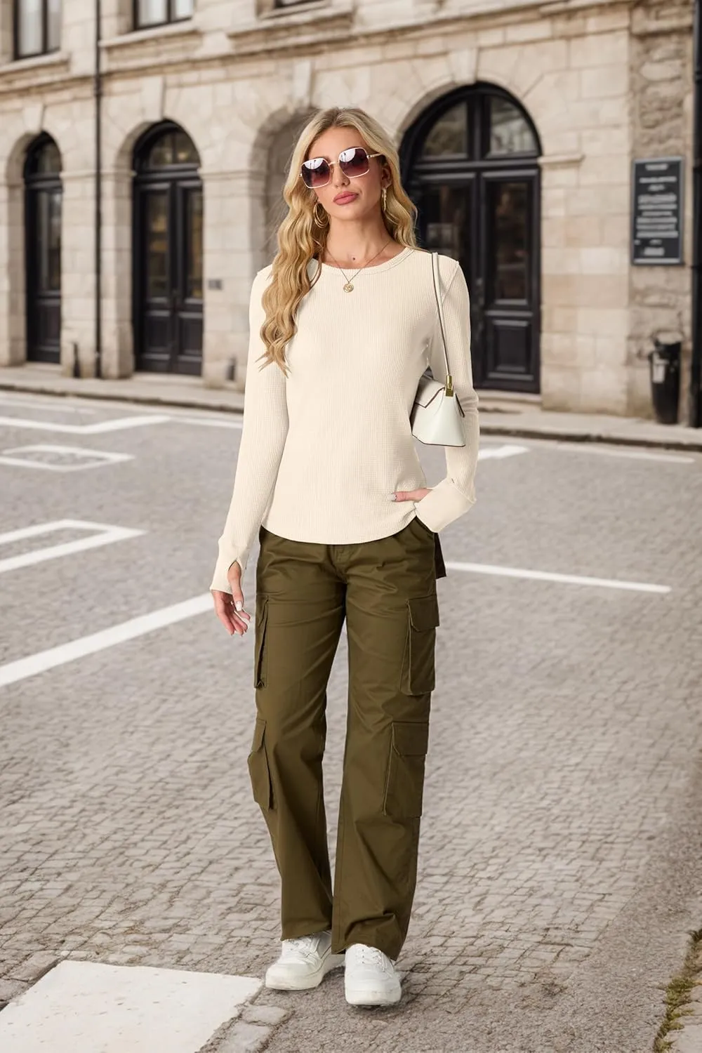 GRECERELLE Waffle Knit Long Sleeve Shirts for Women Crew Neck Slim Fitted Going Out Tops Y2k Outfits