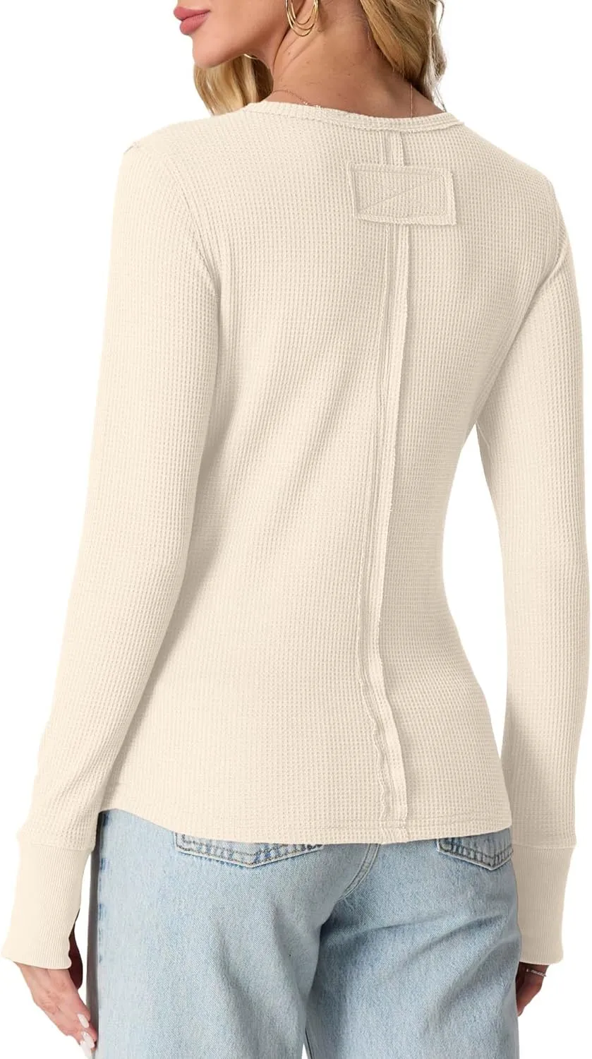 GRECERELLE Waffle Knit Long Sleeve Shirts for Women Crew Neck Slim Fitted Going Out Tops Y2k Outfits
