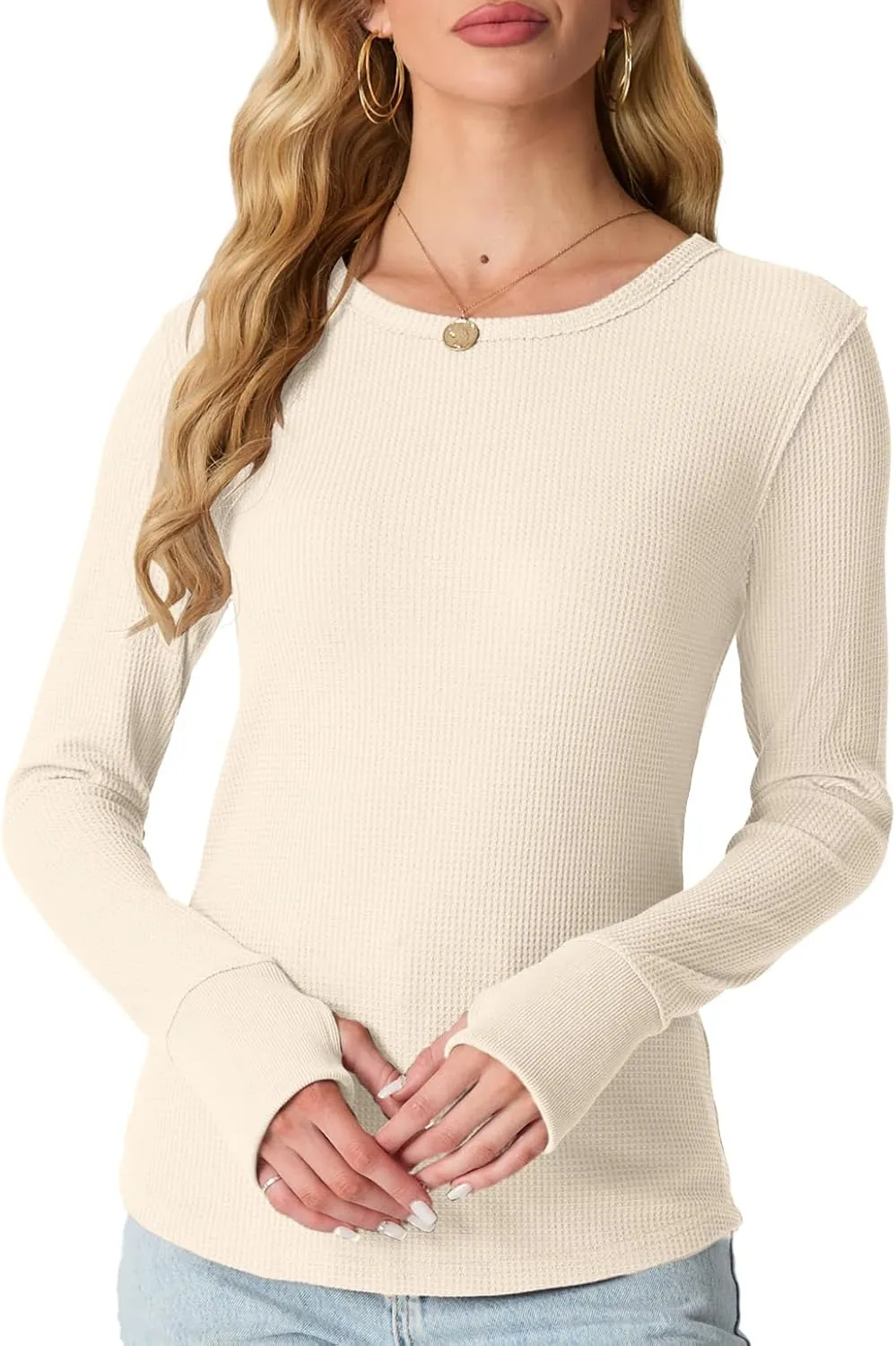 GRECERELLE Waffle Knit Long Sleeve Shirts for Women Crew Neck Slim Fitted Going Out Tops Y2k Outfits