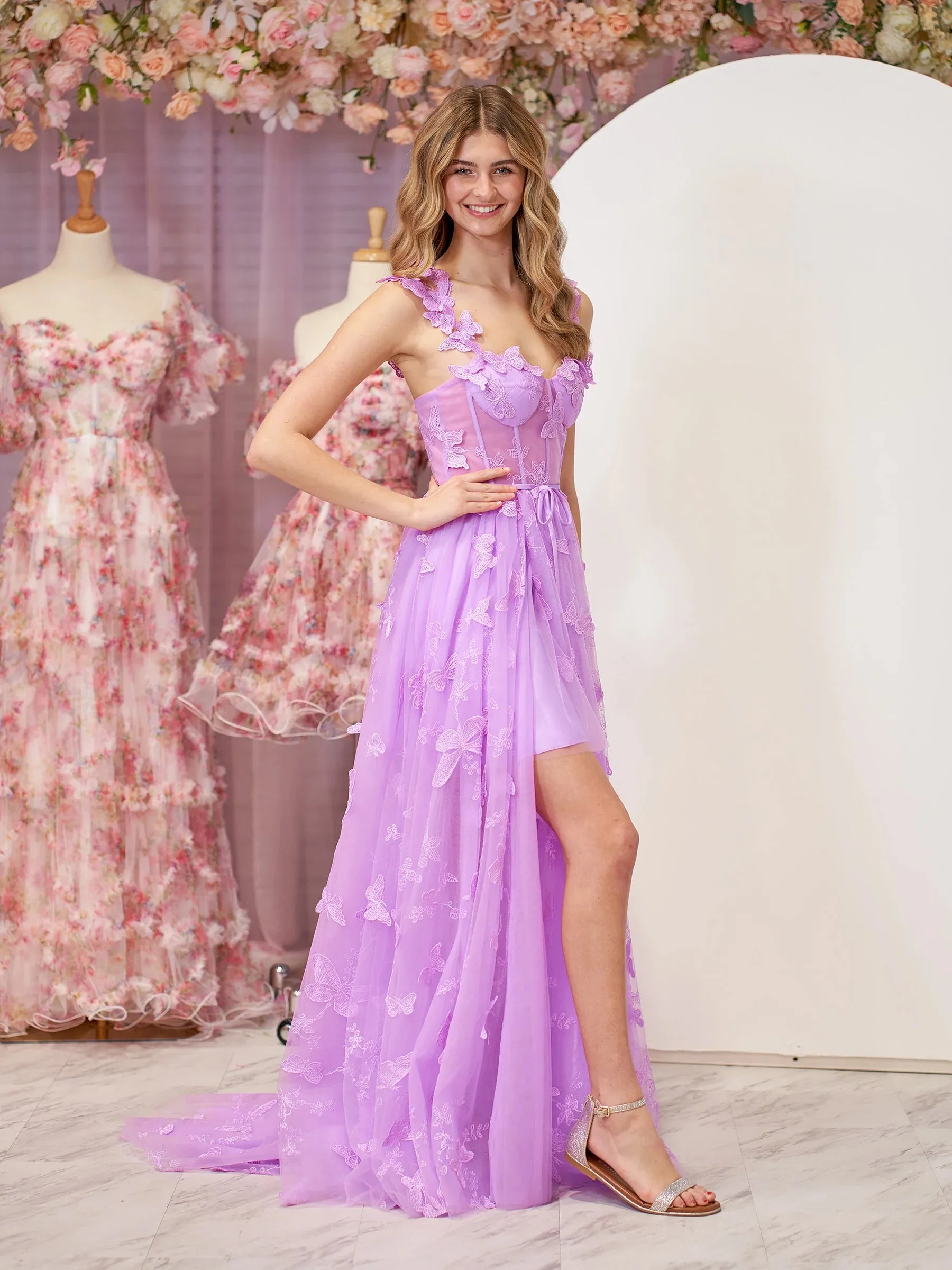Lilac A-line Butterfly Lace Lilac Corset Prom Dress with Slit