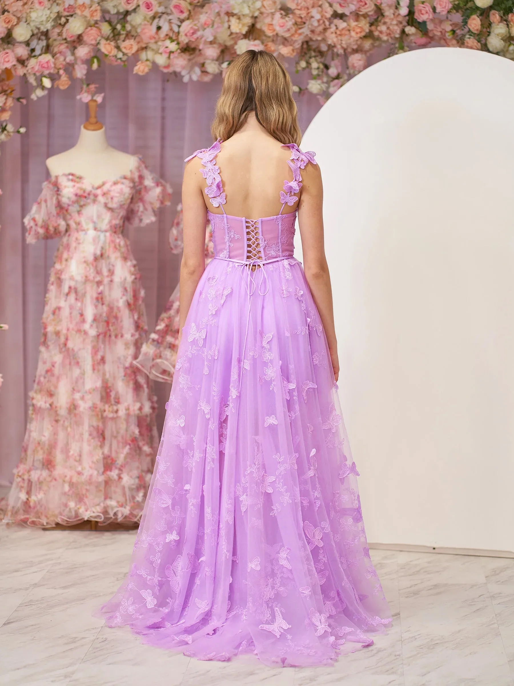 Lilac A-line Butterfly Lace Lilac Corset Prom Dress with Slit