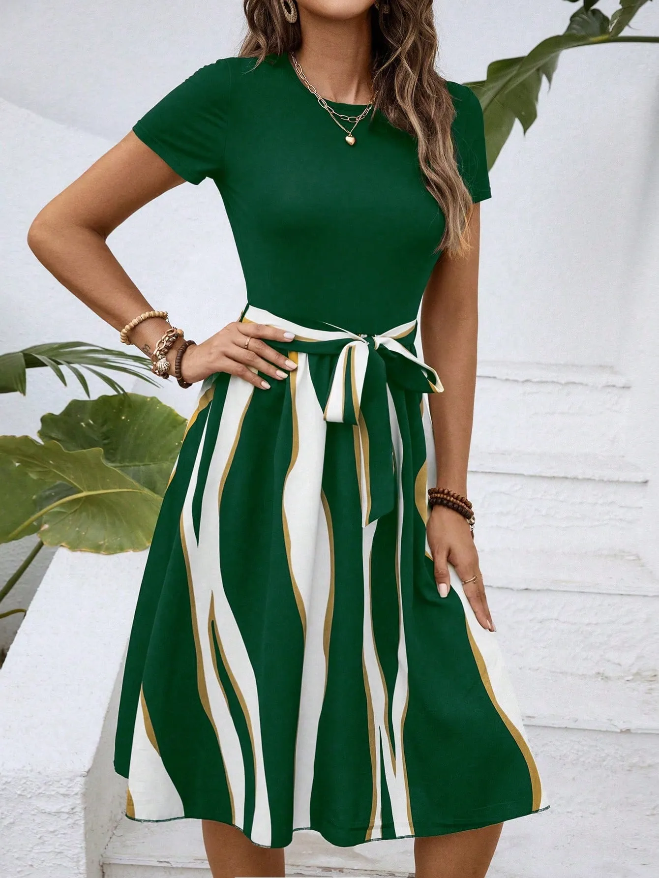 LUNE Colorblock Belted A-line Dress