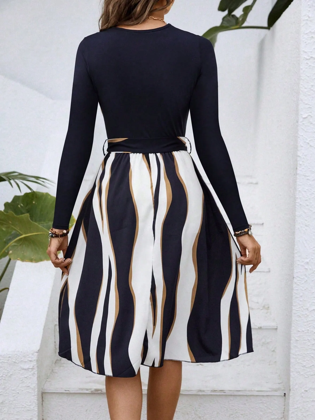 LUNE Colorblock Belted A-line Dress