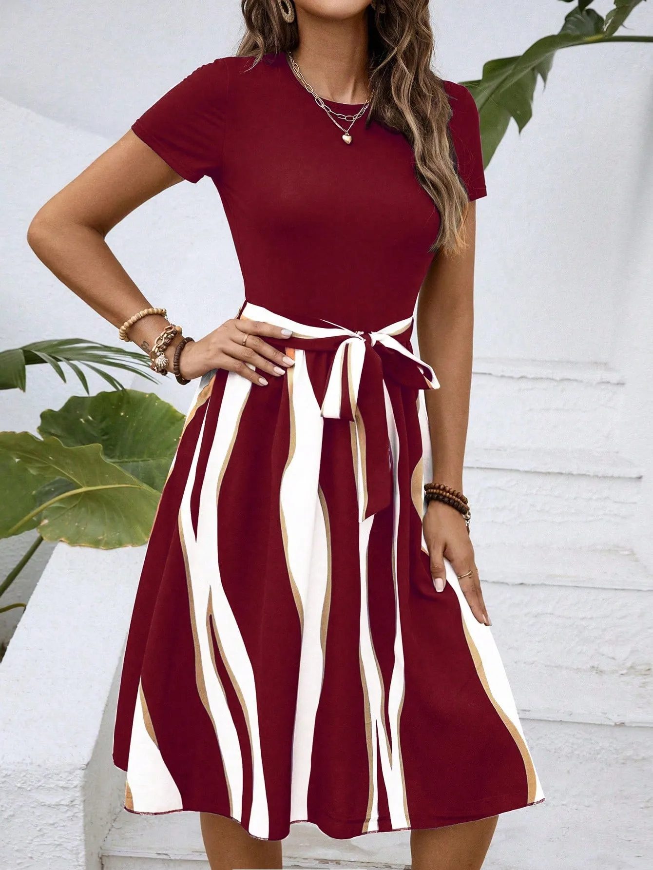 LUNE Colorblock Belted A-line Dress