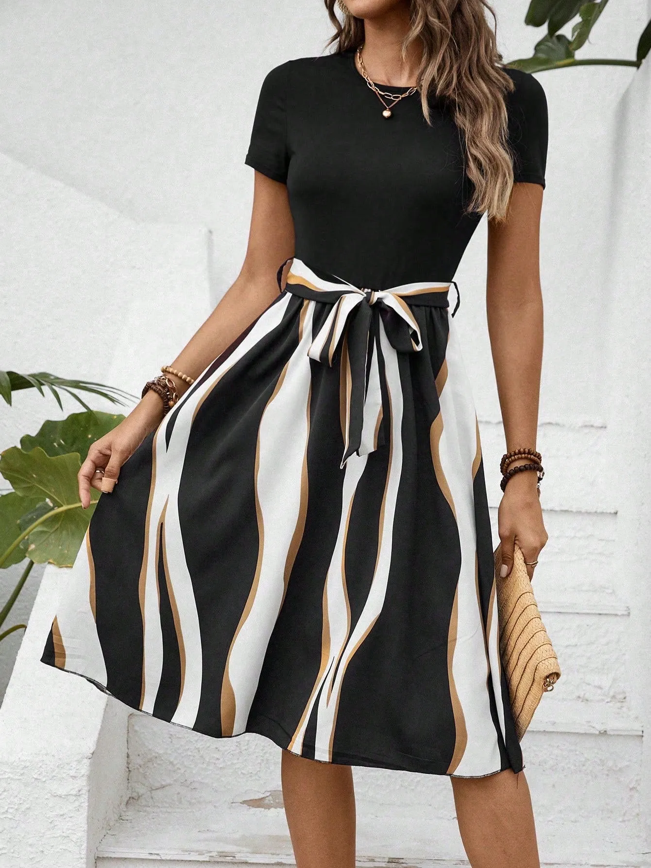LUNE Colorblock Belted A-line Dress