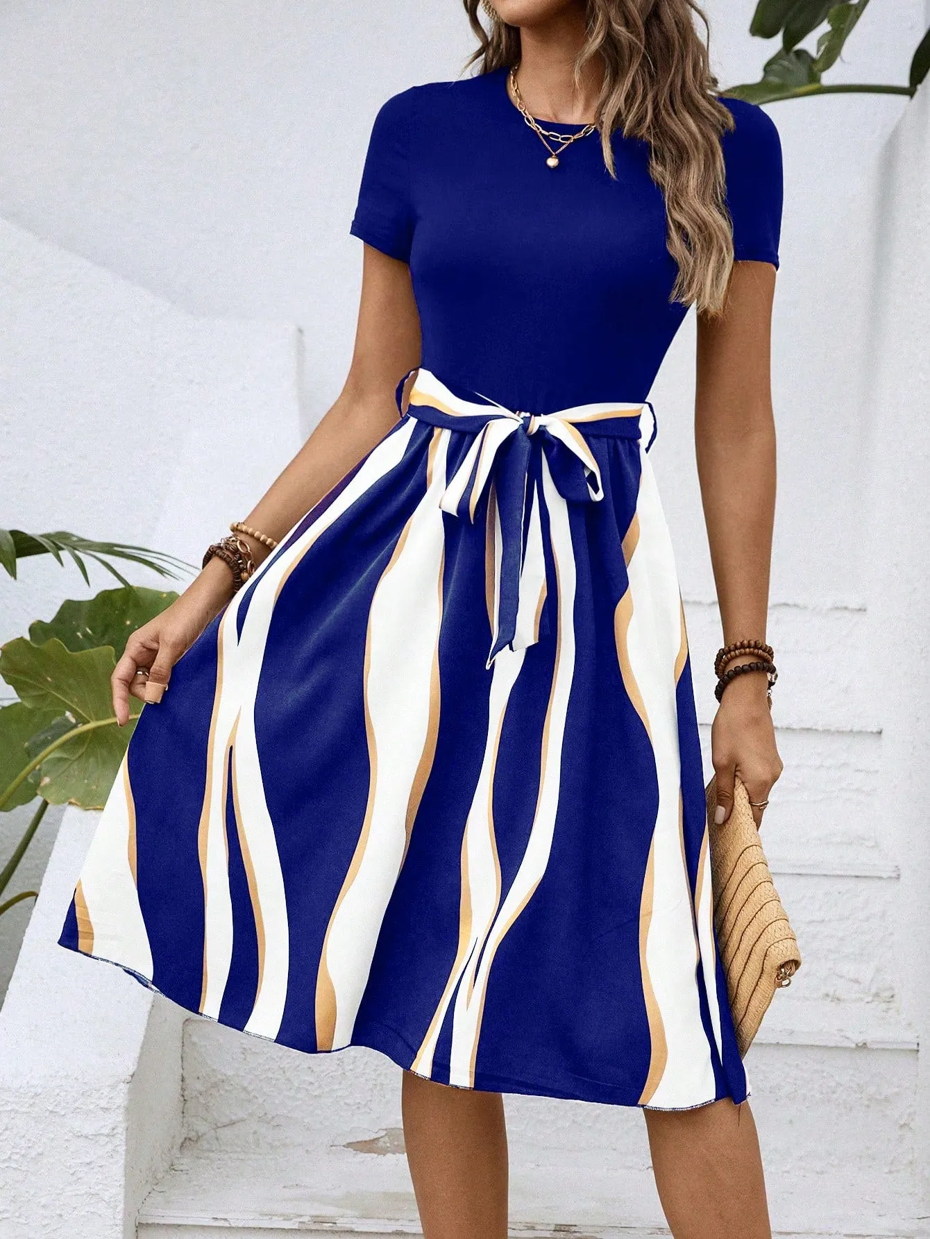LUNE Colorblock Belted A-line Dress