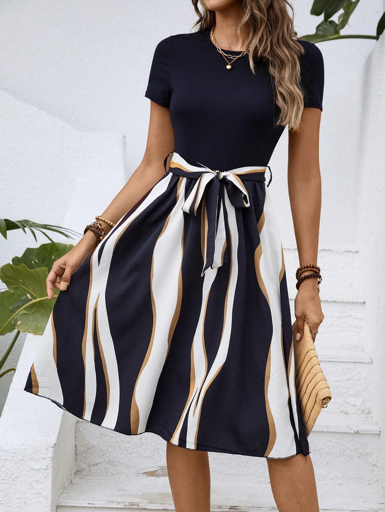 LUNE Colorblock Belted A-line Dress