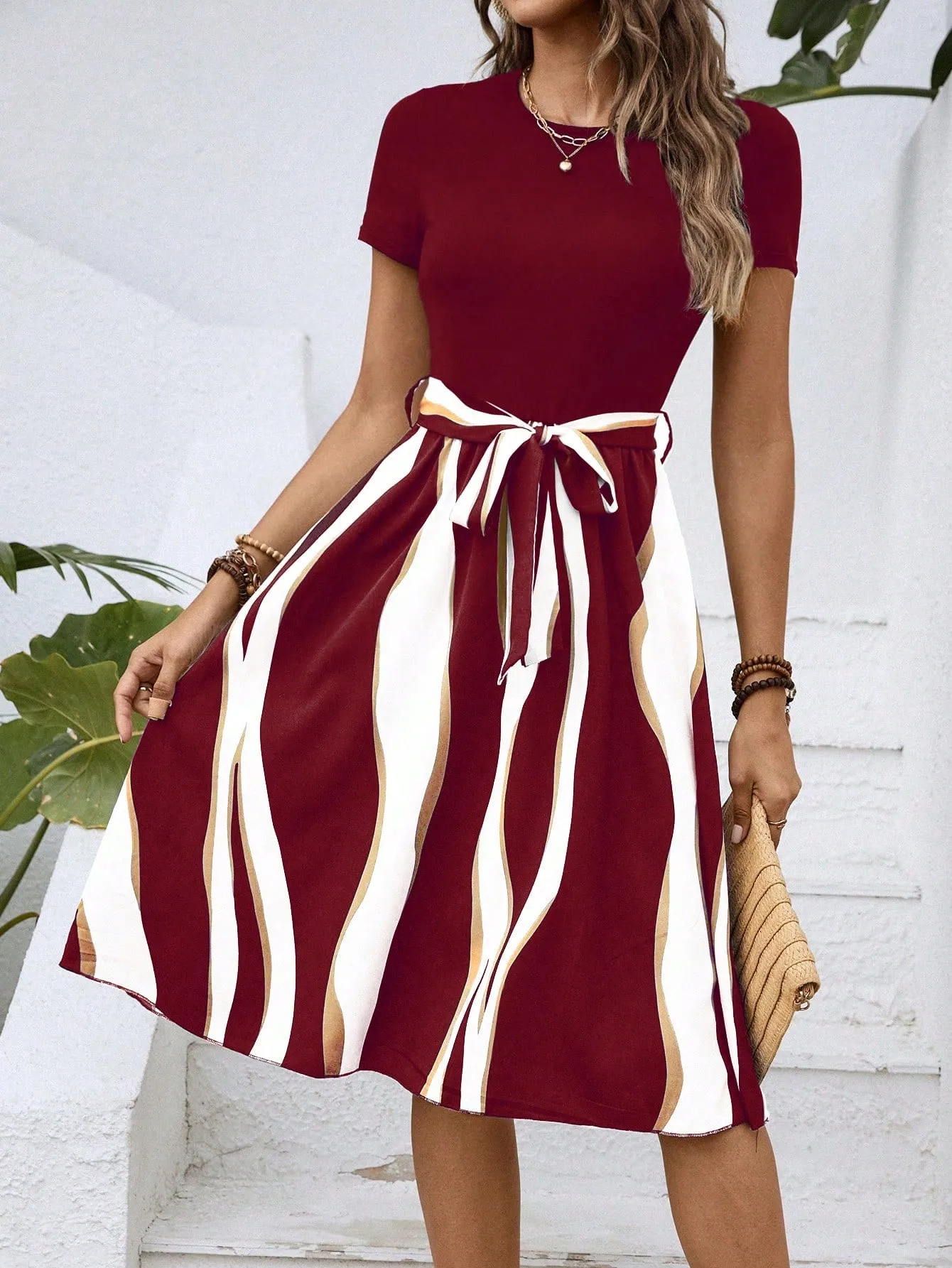 LUNE Colorblock Belted A-line Dress