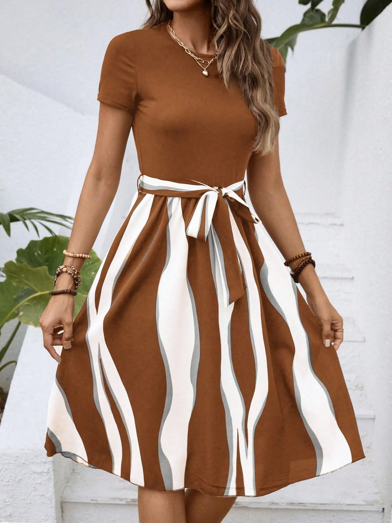 LUNE Colorblock Belted A-line Dress