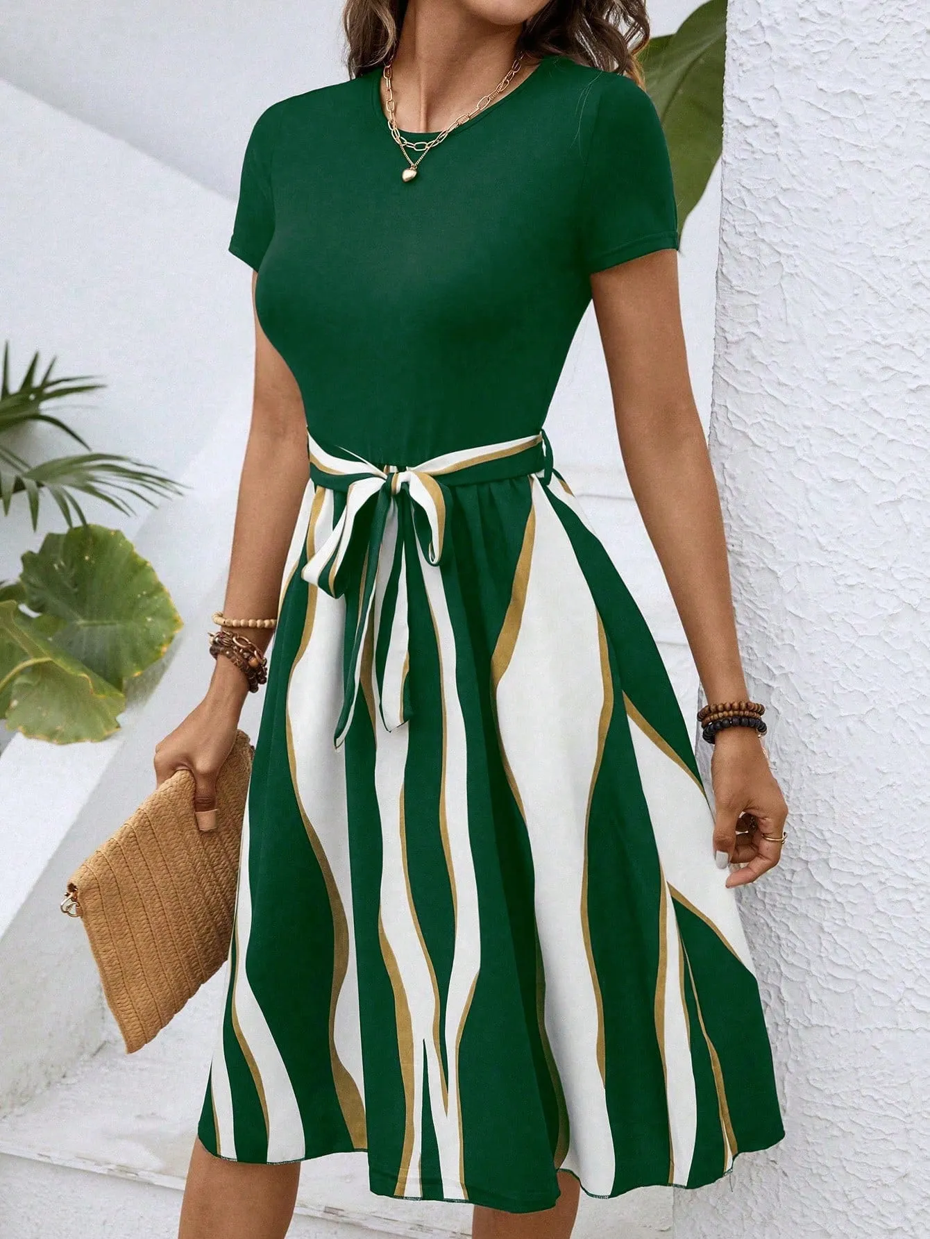 LUNE Colorblock Belted A-line Dress