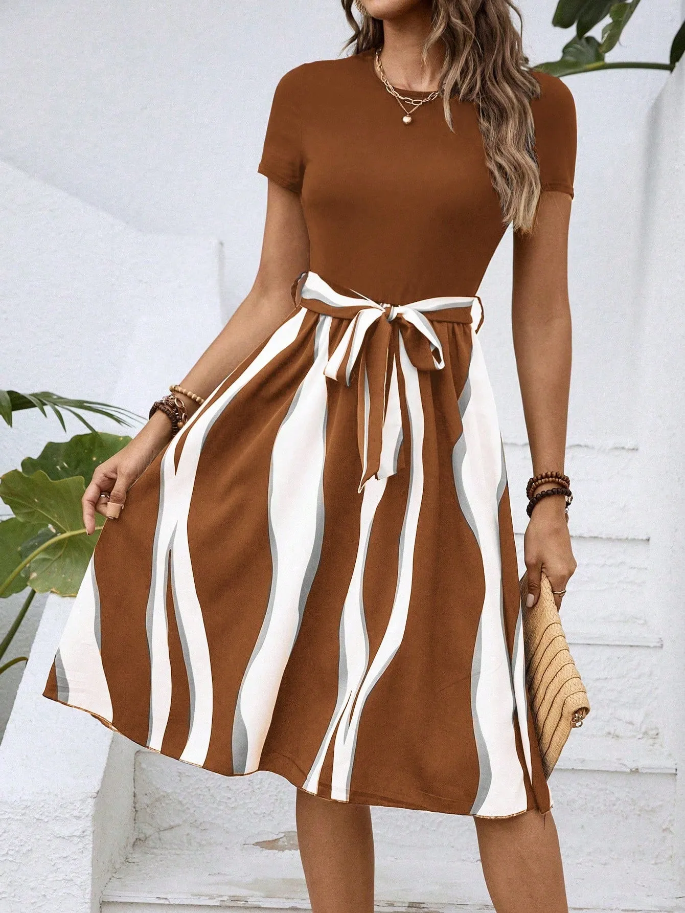 LUNE Colorblock Belted A-line Dress