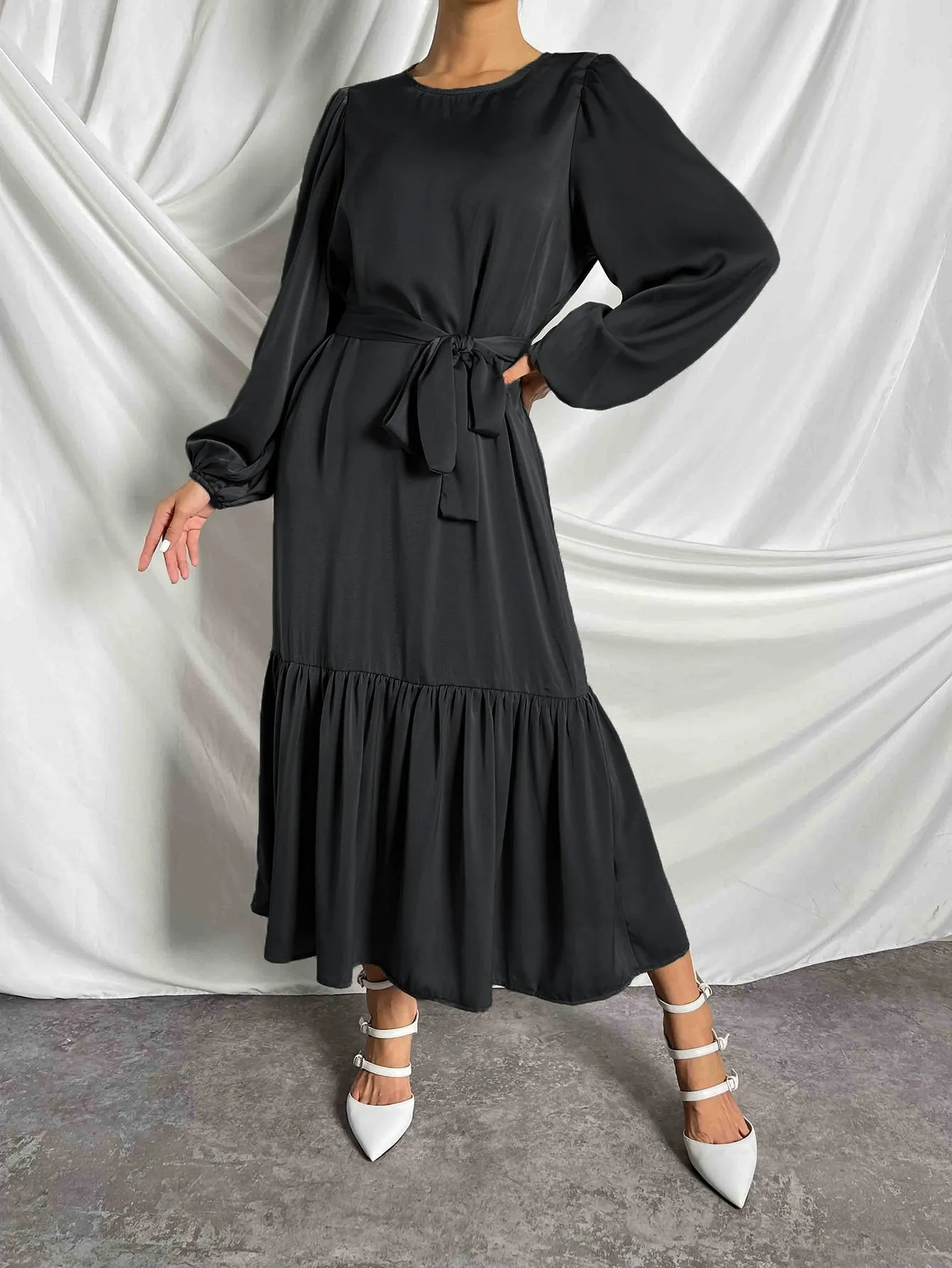 LUNE Lantern Sleeve Ruffle Hem Belted Dress