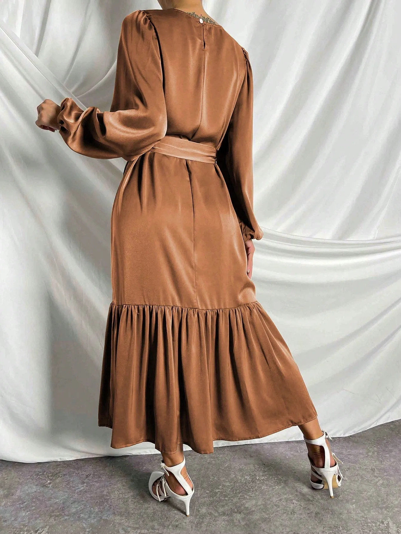 LUNE Lantern Sleeve Ruffle Hem Belted Dress