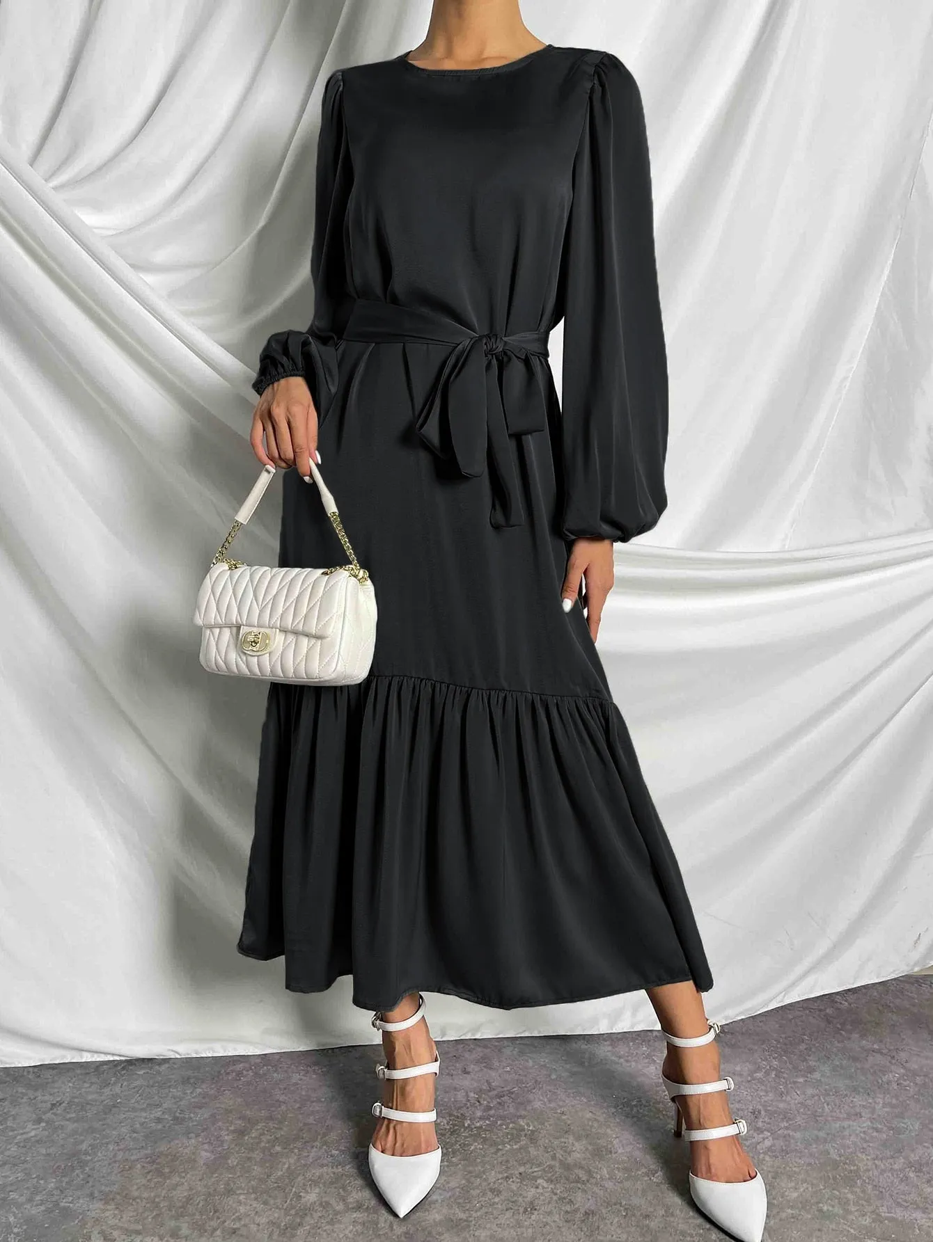 LUNE Lantern Sleeve Ruffle Hem Belted Dress