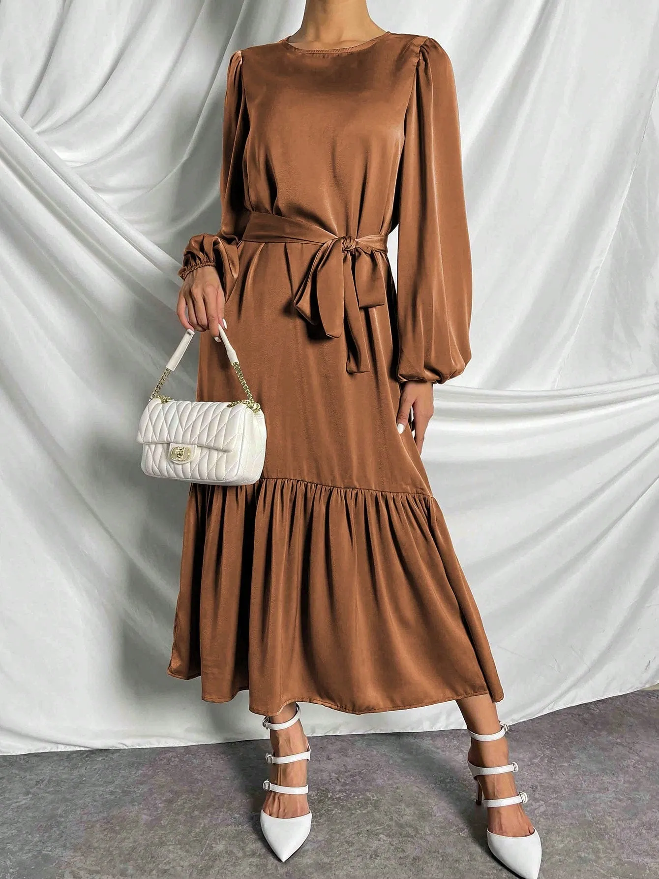 LUNE Lantern Sleeve Ruffle Hem Belted Dress