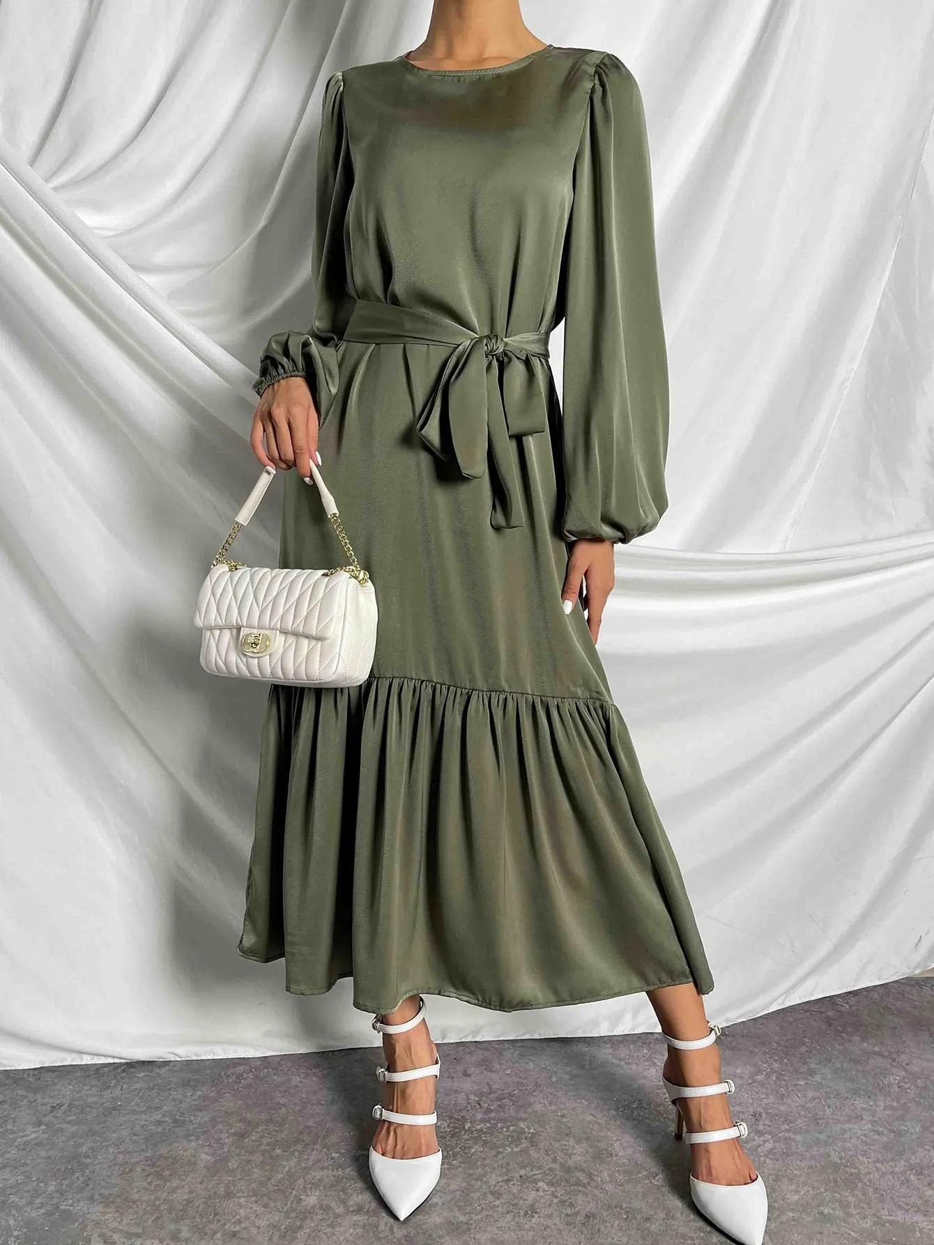 LUNE Lantern Sleeve Ruffle Hem Belted Dress