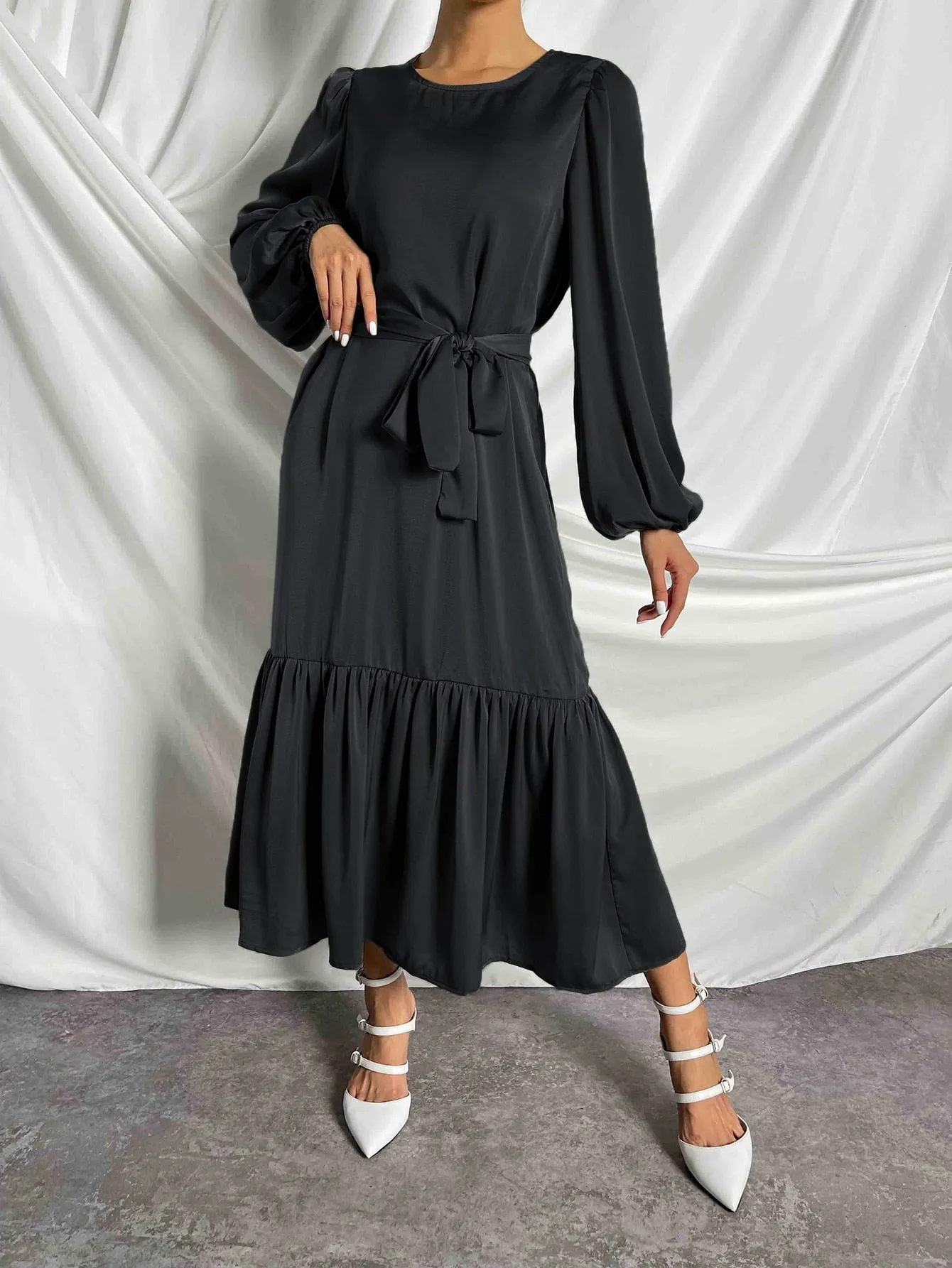 LUNE Lantern Sleeve Ruffle Hem Belted Dress