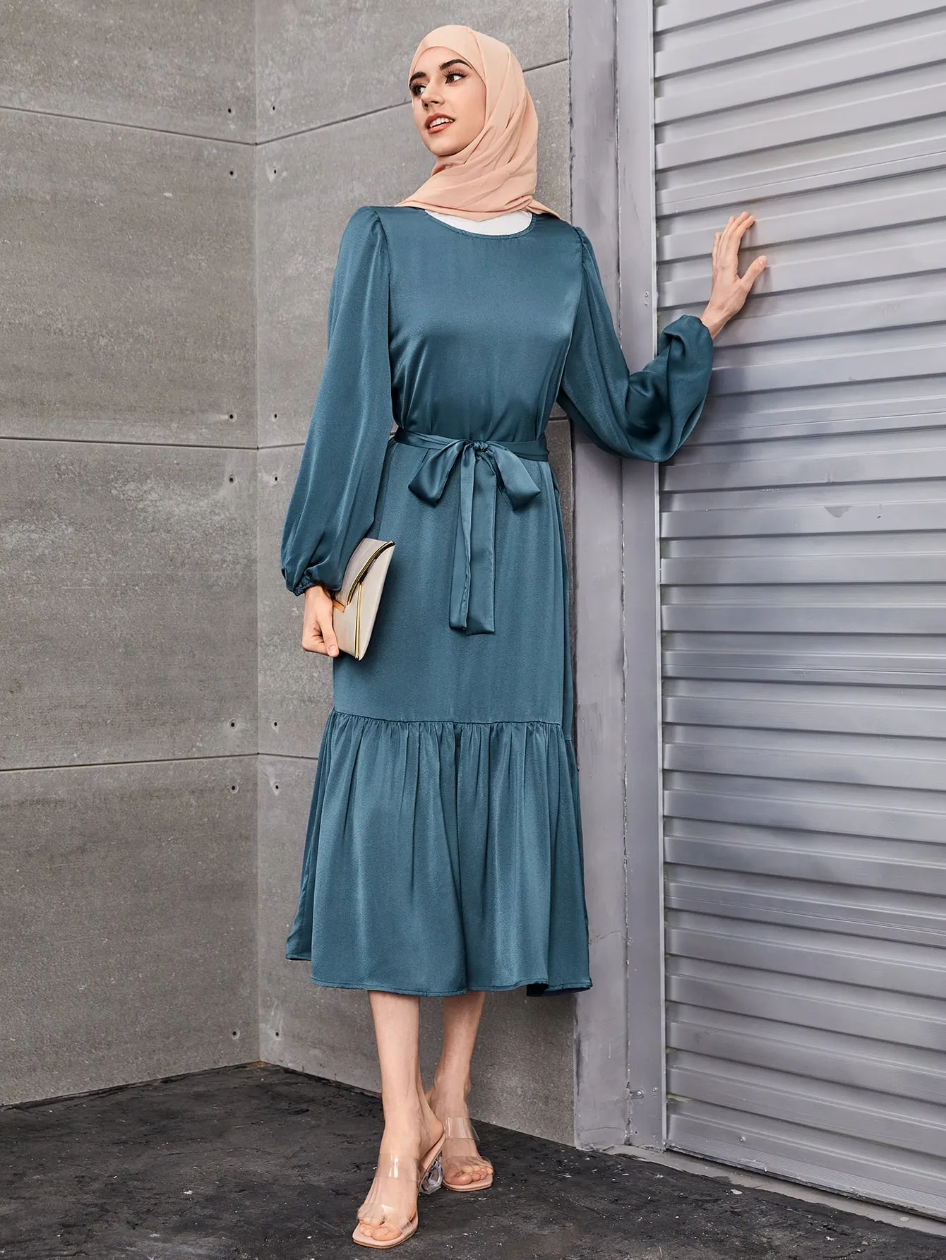 LUNE Lantern Sleeve Ruffle Hem Belted Dress