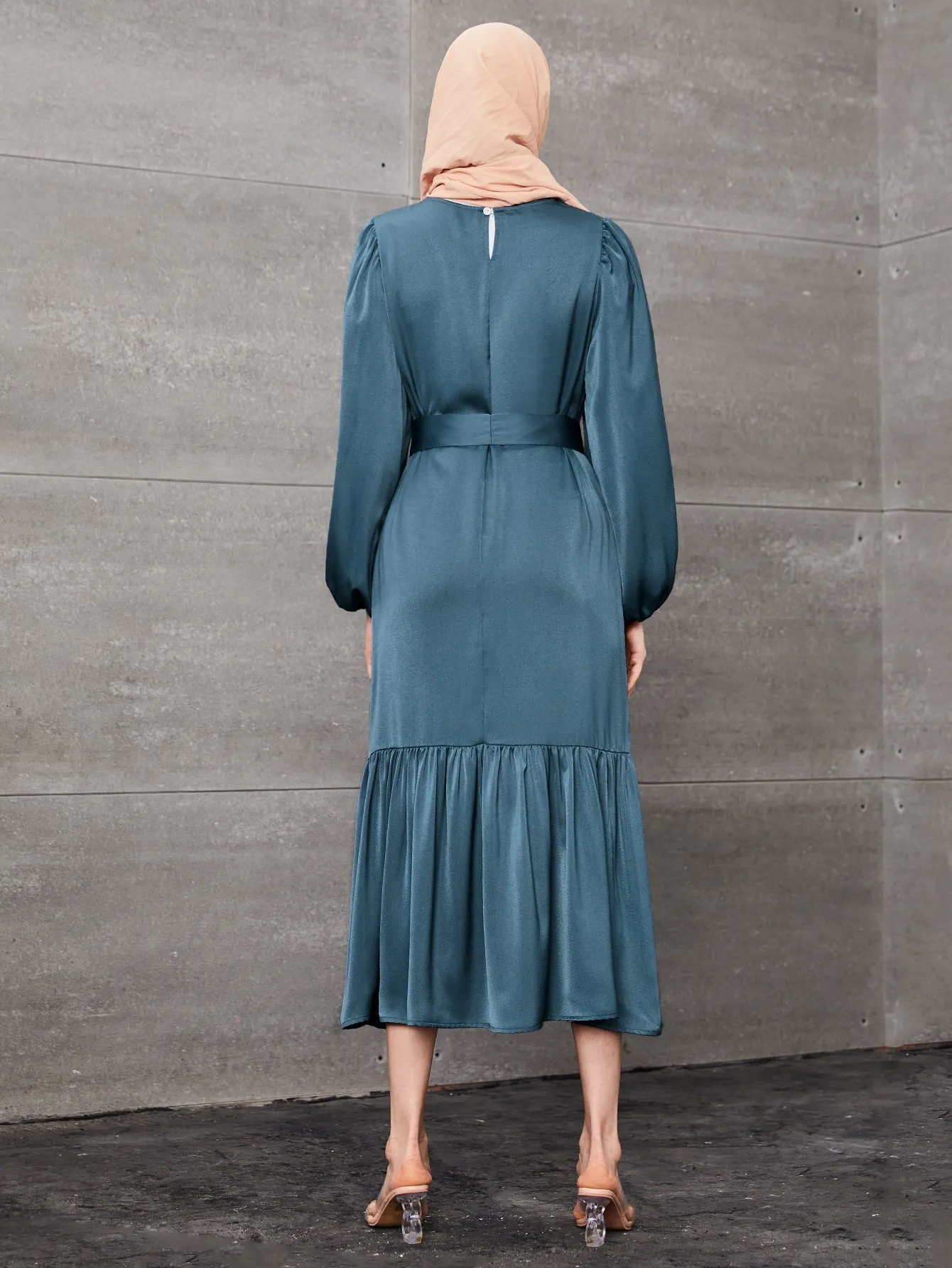 LUNE Lantern Sleeve Ruffle Hem Belted Dress