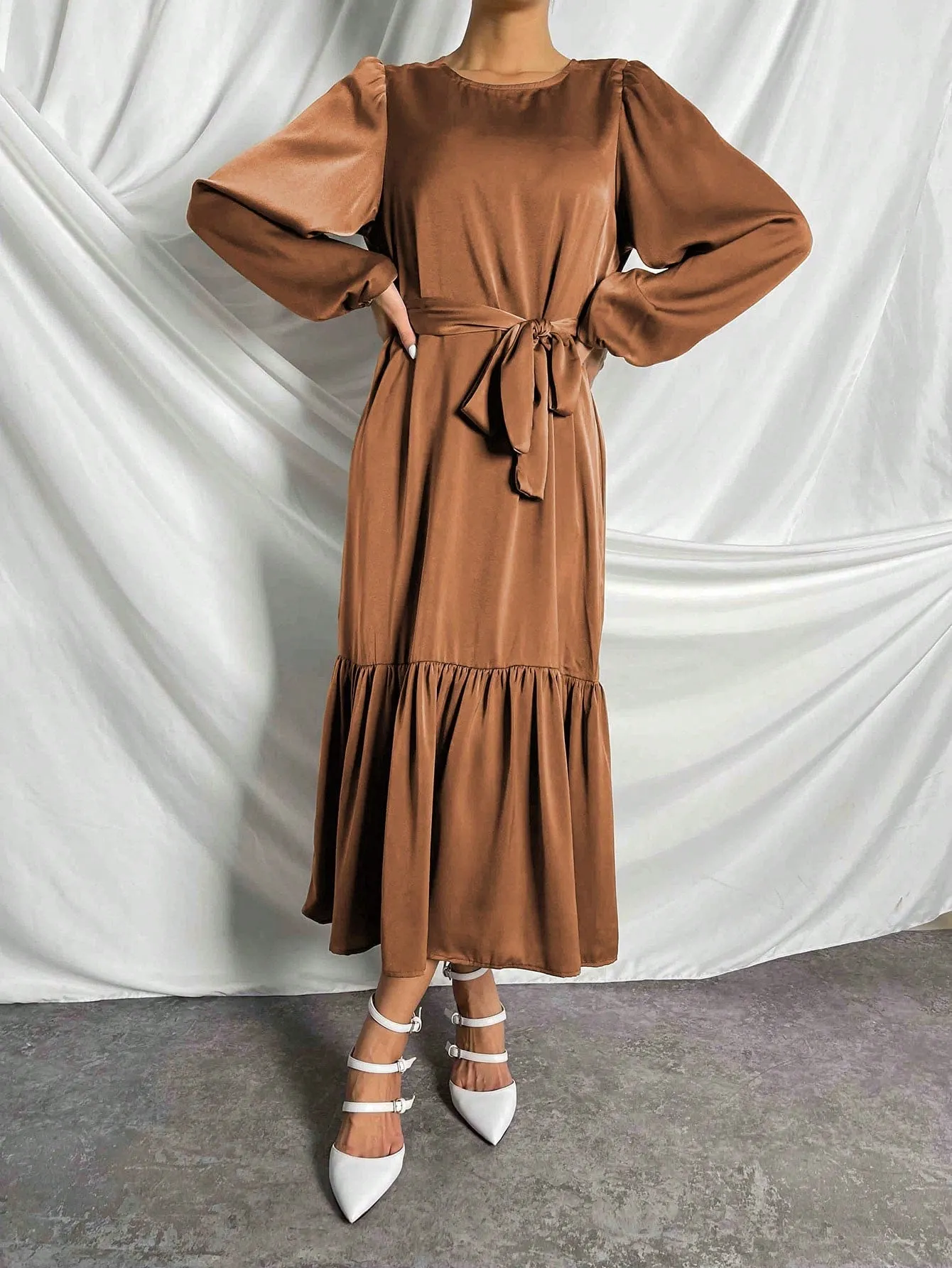 LUNE Lantern Sleeve Ruffle Hem Belted Dress