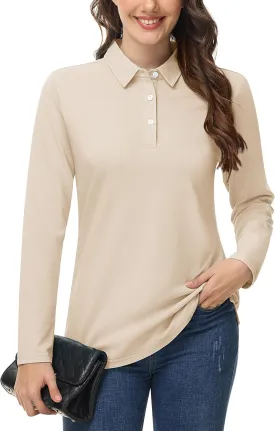 MAGCOMSEN Women's Polo Shirts Long Sleeve 3-Button Cotton Cool Shirts Wicking Casual Business Collared Shirts Tops
