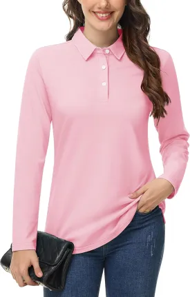 MAGCOMSEN Women's Polo Shirts Long Sleeve 3-Button Cotton Cool Shirts Wicking Casual Business Collared Shirts Tops