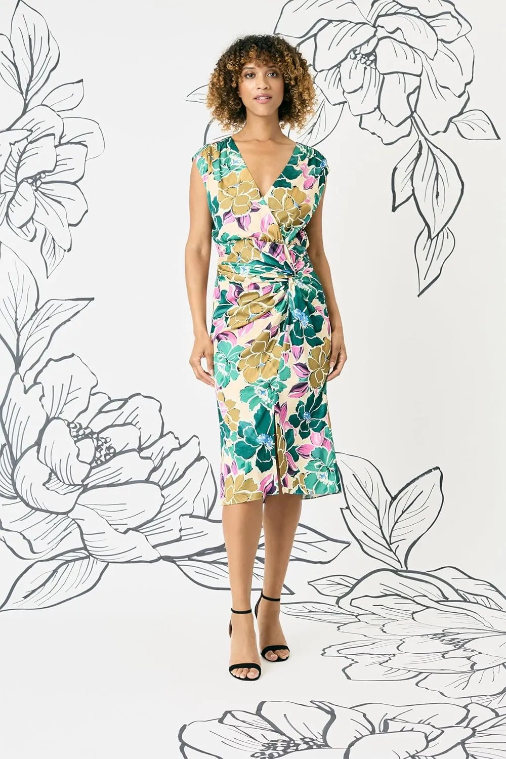Maggy London Sleeveless Midi Floral Dress for Women-V-Neck Wedding Guest and Bridal Shower Summer Outfit