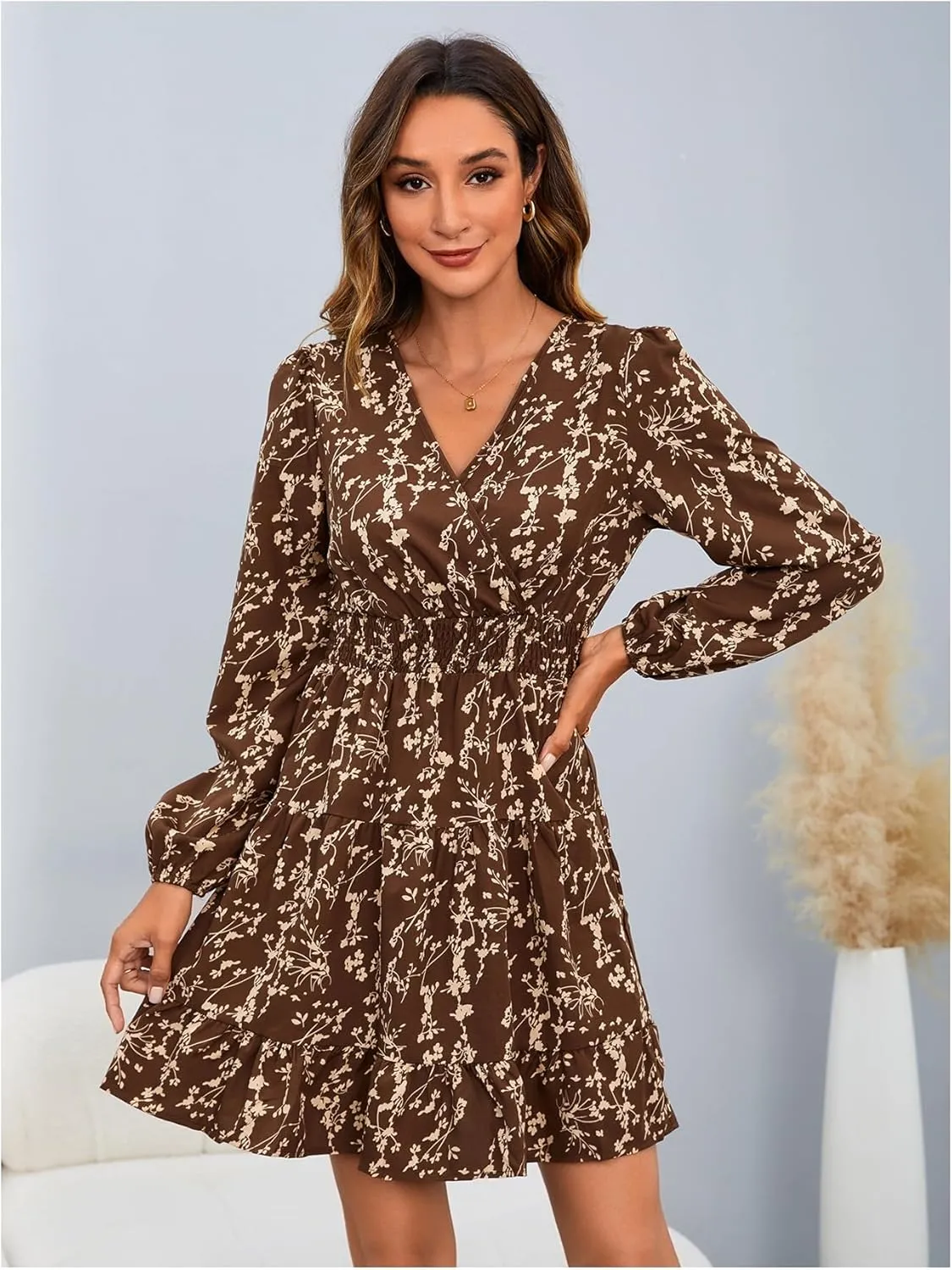 MakeMeChic Women's Long Sleeve Floral Short Dress Wrap V Neck Elastic Waist Casual Dresses
