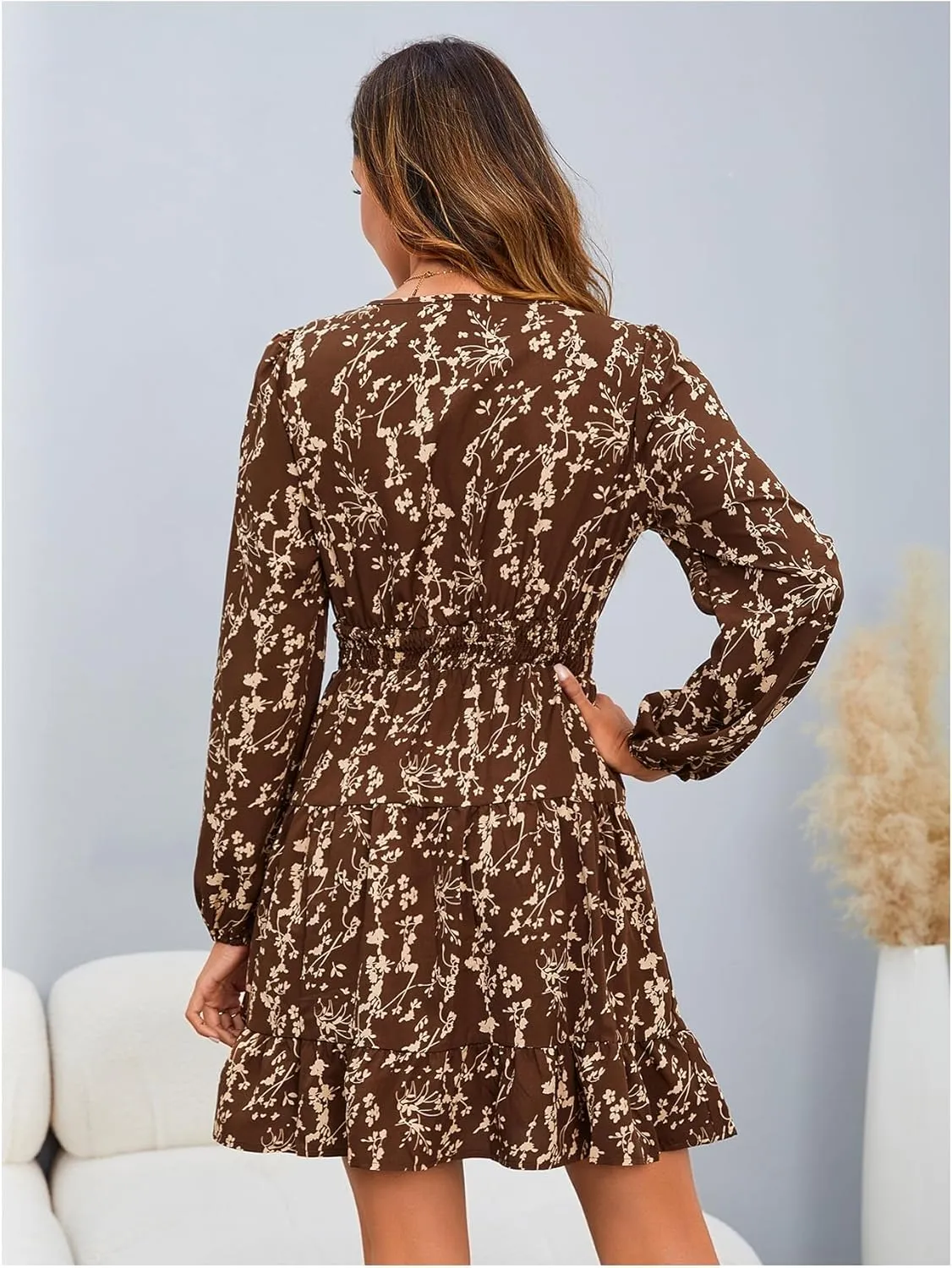 MakeMeChic Women's Long Sleeve Floral Short Dress Wrap V Neck Elastic Waist Casual Dresses