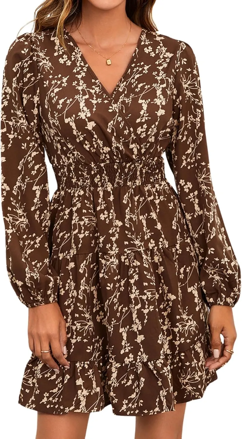 MakeMeChic Women's Long Sleeve Floral Short Dress Wrap V Neck Elastic Waist Casual Dresses