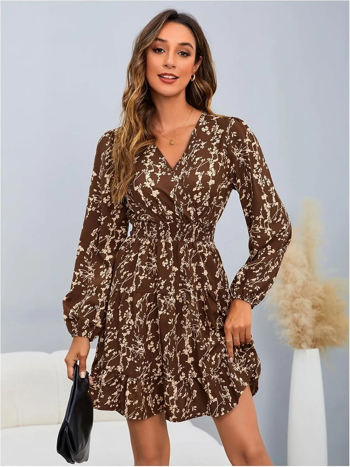 MakeMeChic Women's Long Sleeve Floral Short Dress Wrap V Neck Elastic Waist Casual Dresses