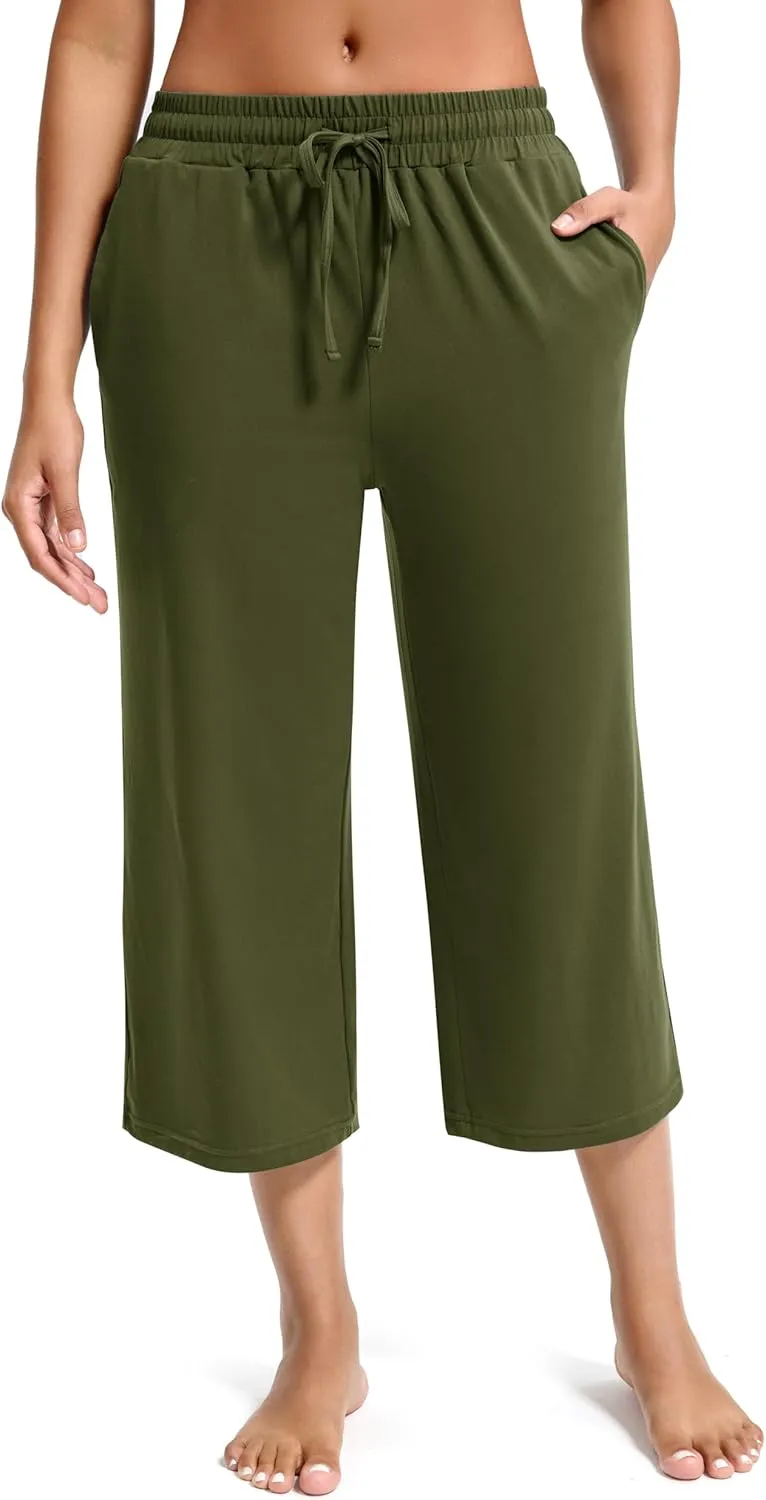 Maxbee Wide Leg Capri Pants for Women Loose Yoga Pants Drawstring Comfy Lounge Sweatpants with Pockets
