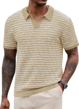 Men V Neck Polo Knit Striped Heavyweight Casual Poloshirts Summer Short Sleeve Shirt (S-XXL)