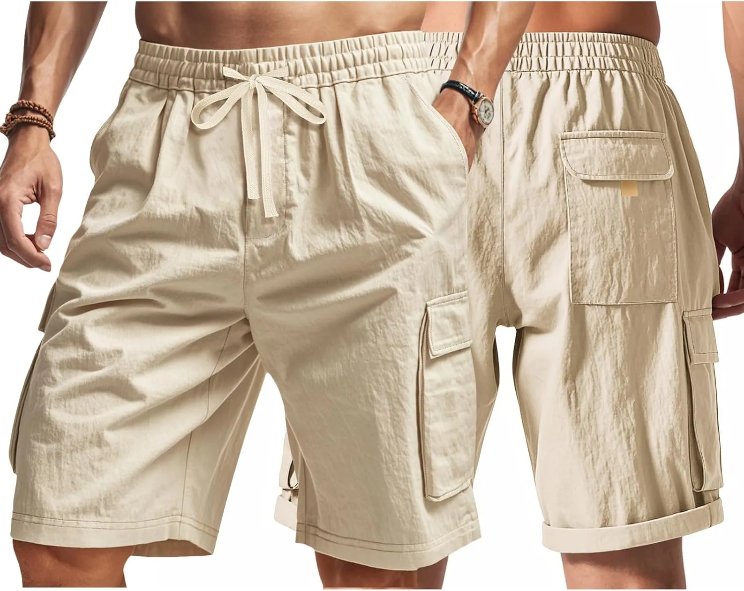 Men's Beach Cargo Shorts Waist with Drawstring Light Weight Multi-Pocket for Summer Outdoor Wear Athletic Short Pant