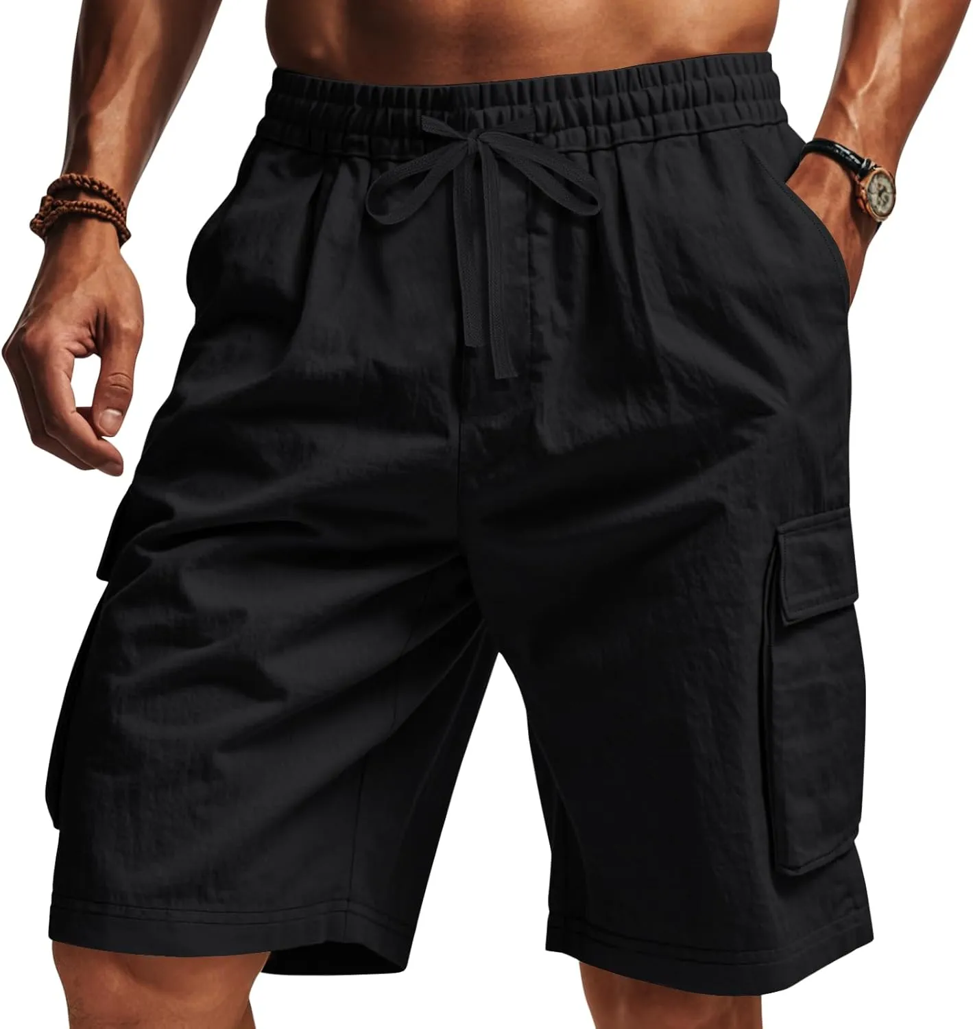 Men's Beach Cargo Shorts Waist with Drawstring Light Weight Multi-Pocket for Summer Outdoor Wear Athletic Short Pant