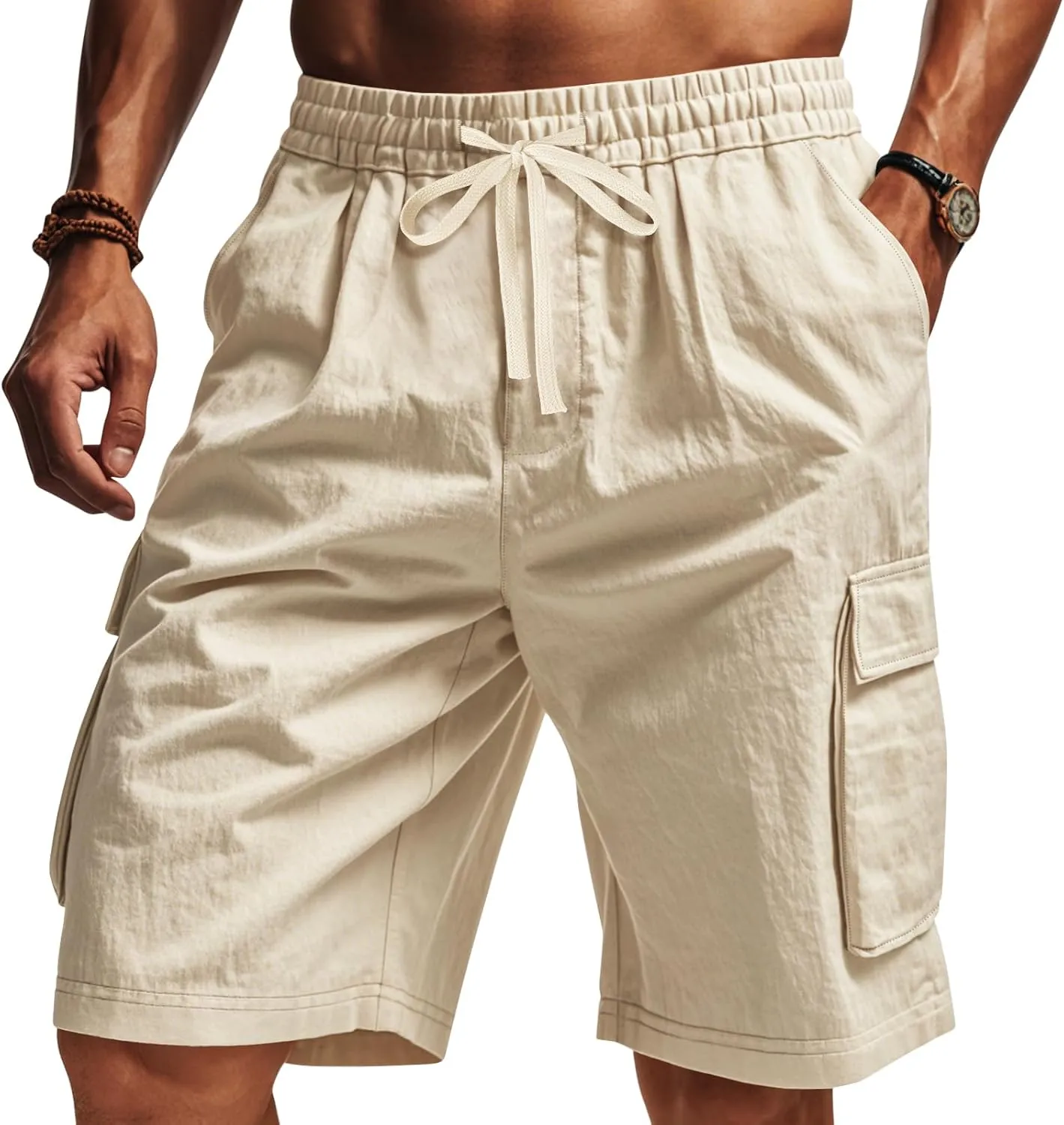 Men's Beach Cargo Shorts Waist with Drawstring Light Weight Multi-Pocket for Summer Outdoor Wear Athletic Short Pant
