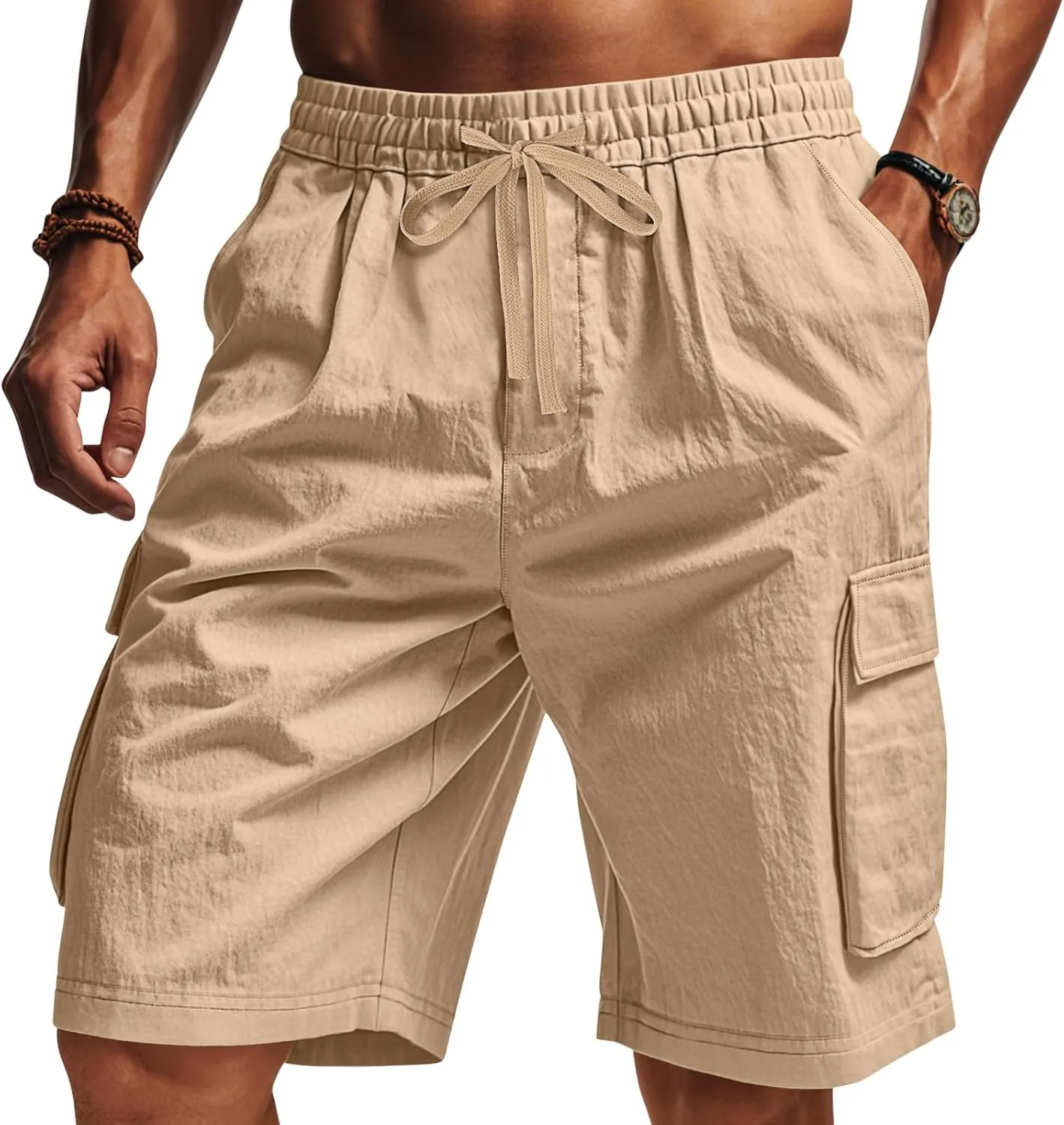 Men's Beach Cargo Shorts Waist with Drawstring Light Weight Multi-Pocket for Summer Outdoor Wear Athletic Short Pant