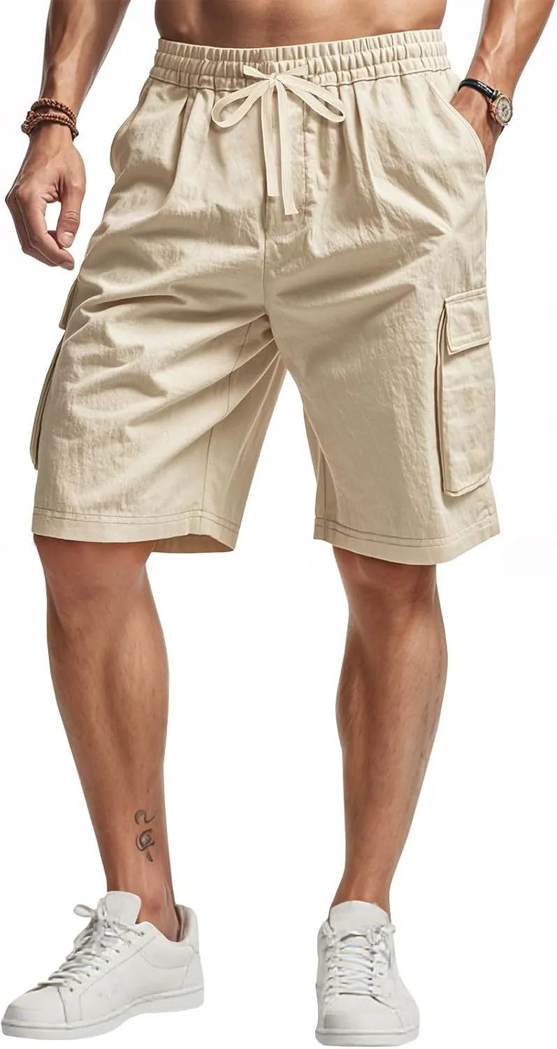 Men's Beach Cargo Shorts Waist with Drawstring Light Weight Multi-Pocket for Summer Outdoor Wear Athletic Short Pant