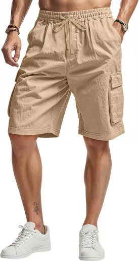 Men's Beach Cargo Shorts Waist with Drawstring Light Weight Multi-Pocket for Summer Outdoor Wear Athletic Short Pant