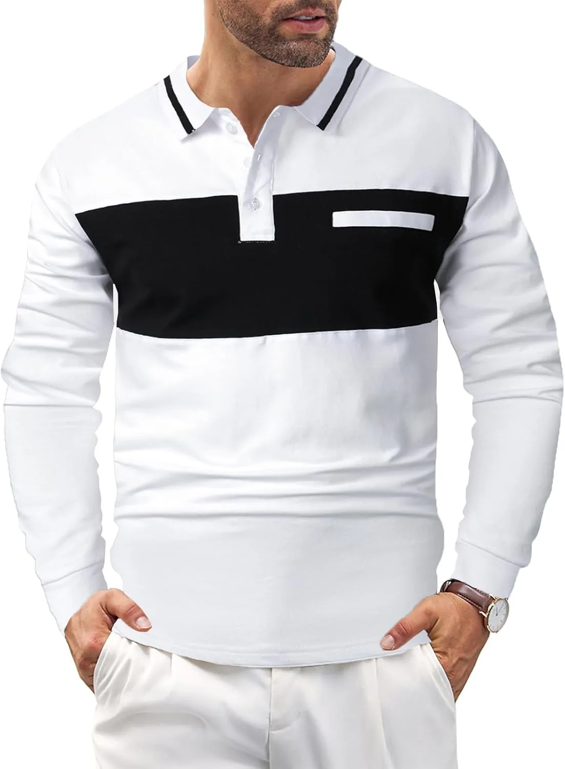 Mens Polo Shirts Short/Long Sleeve Casual Color Block Golf Polo T Shirt Stylish Contrast Collar Cotton Tops for Men