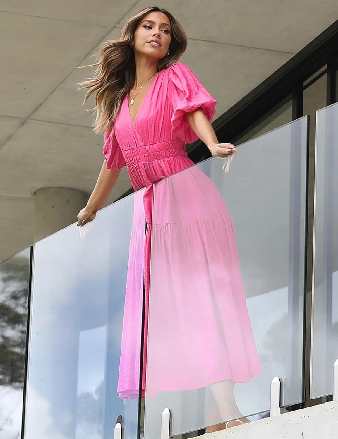 MessBebe Maxi Dress Puffy Sleeve V Neck High Waist A-Line Flowy Wrap Sun Wedding Guest Long Dresses for Women
