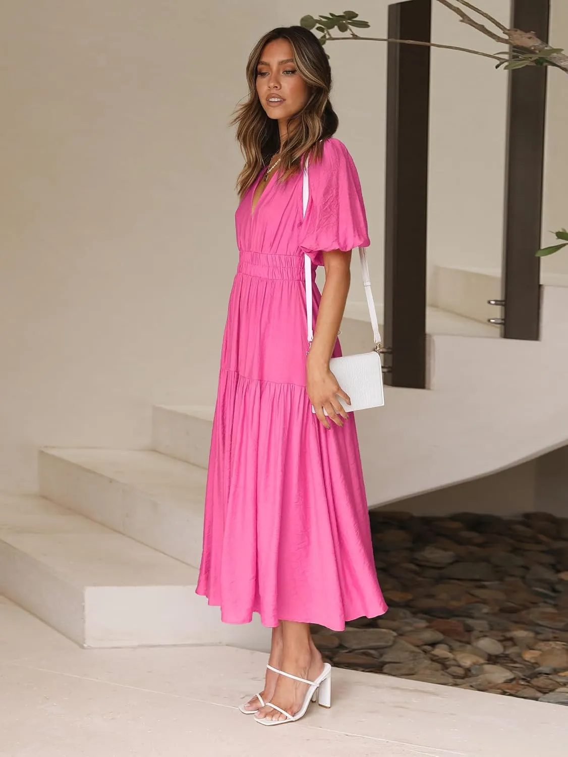 MessBebe Maxi Dress Puffy Sleeve V Neck High Waist A-Line Flowy Wrap Sun Wedding Guest Long Dresses for Women