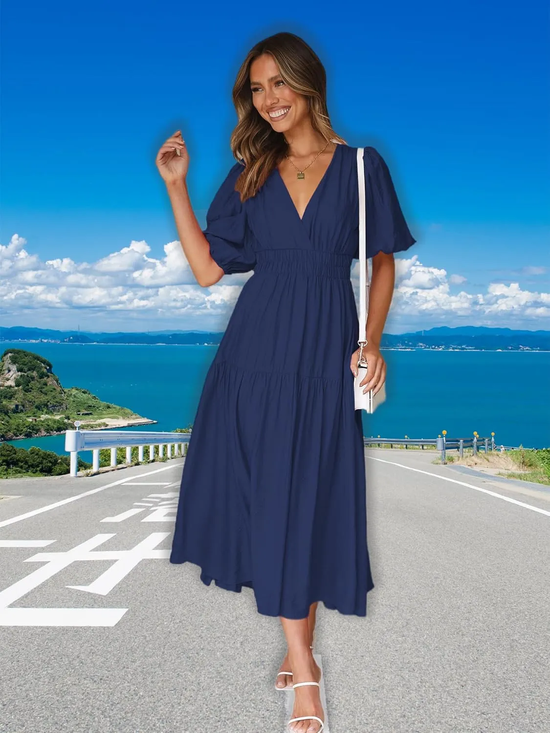 MessBebe Maxi Dress Puffy Sleeve V Neck High Waist A-Line Flowy Wrap Sun Wedding Guest Long Dresses for Women