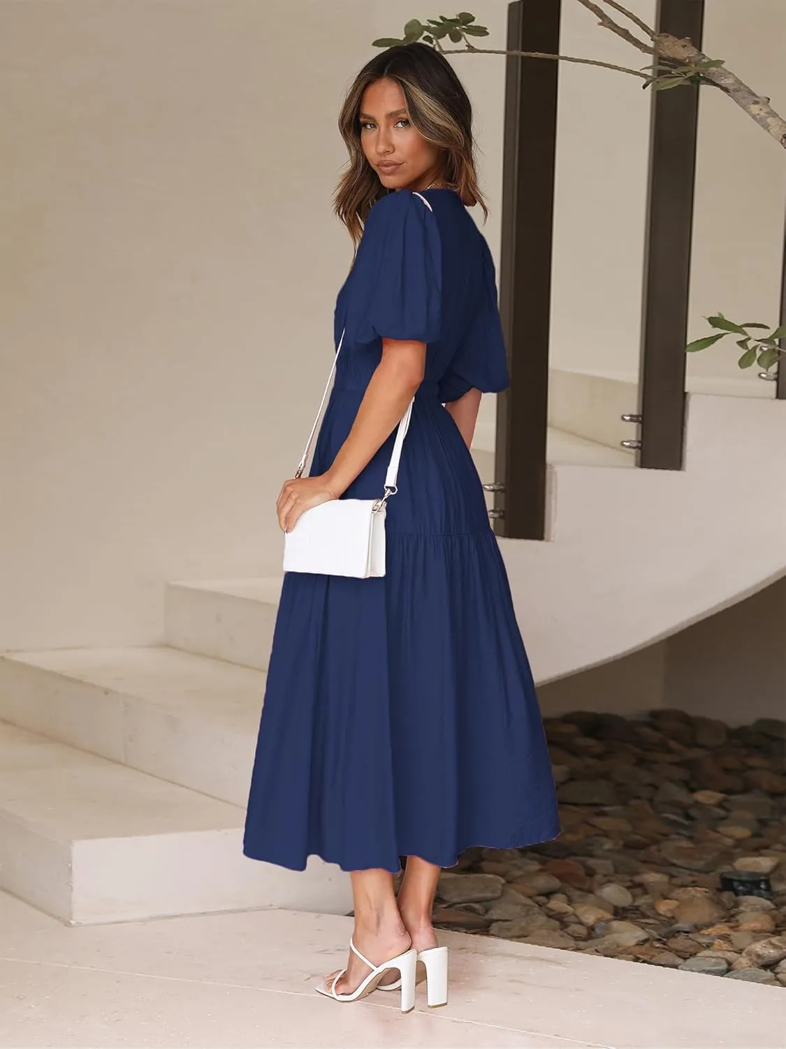 MessBebe Maxi Dress Puffy Sleeve V Neck High Waist A-Line Flowy Wrap Sun Wedding Guest Long Dresses for Women